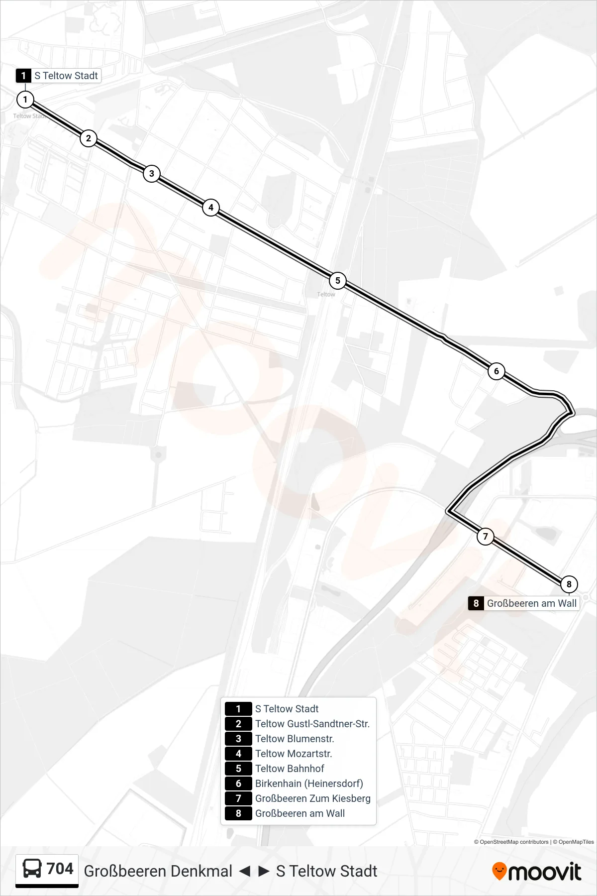 704 bus Line (Großbeeren am Wall) route and stops on a map