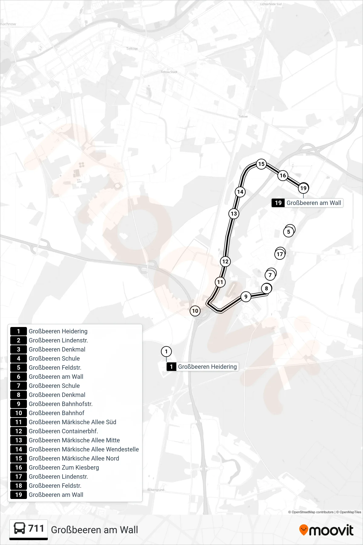 Linie 711 (Bus) Richtung Großbeeren am Wall: Route und Haltestellen auf der Karte