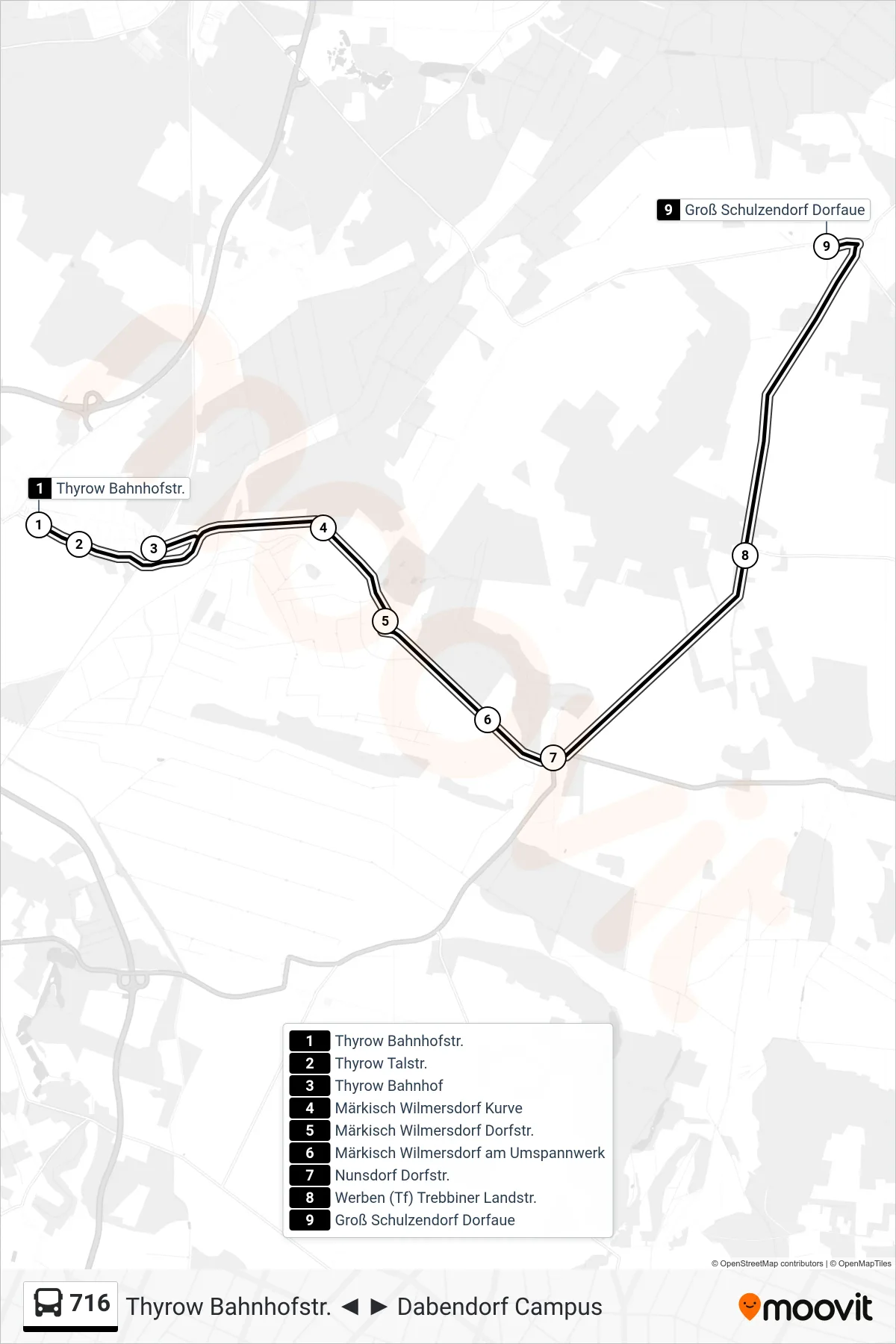 Linie 716 (Bus) Richtung Groß Schulzendorf Dorfaue: Route und Haltestellen auf der Karte