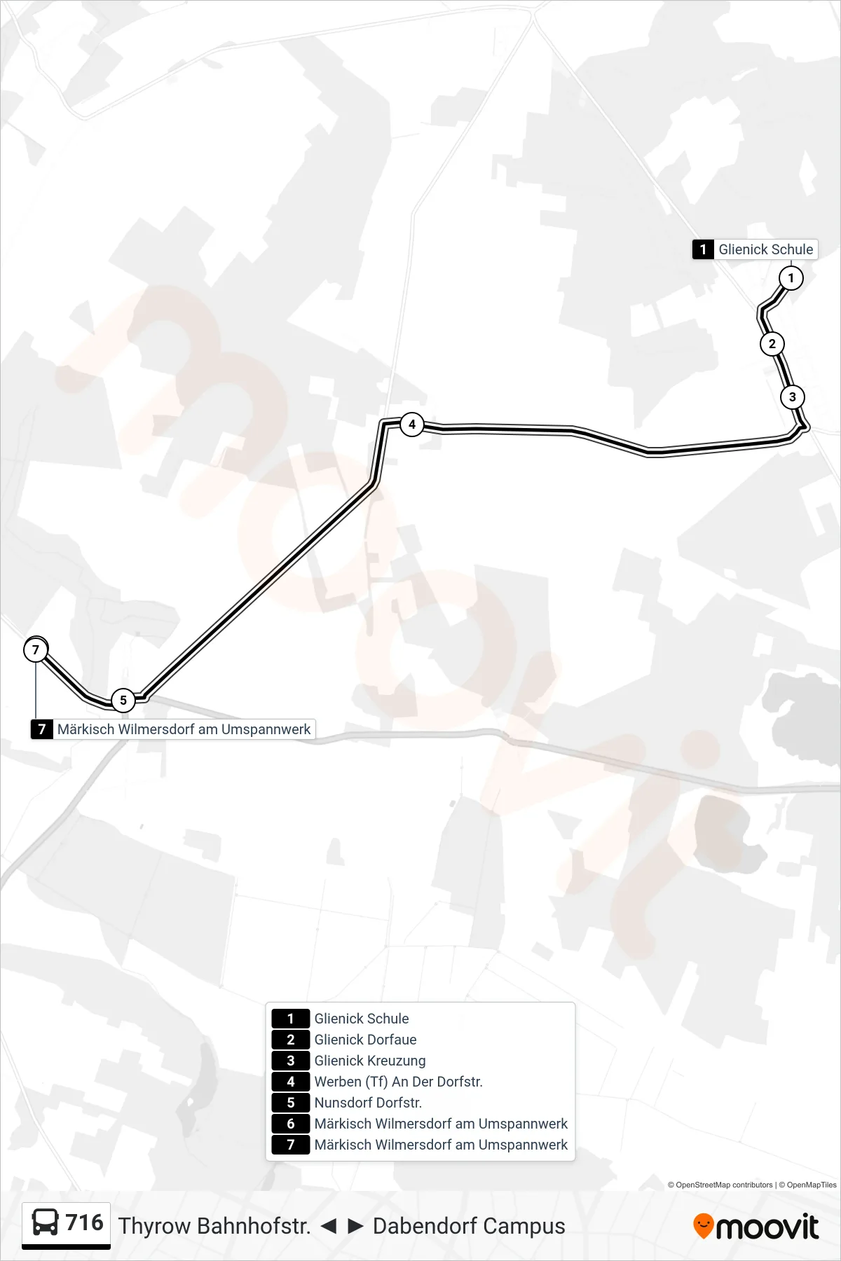 Linie 716 (Bus) Richtung Märkisch Wilmersdorf am Umspannwerk: Route und Haltestellen auf der Karte