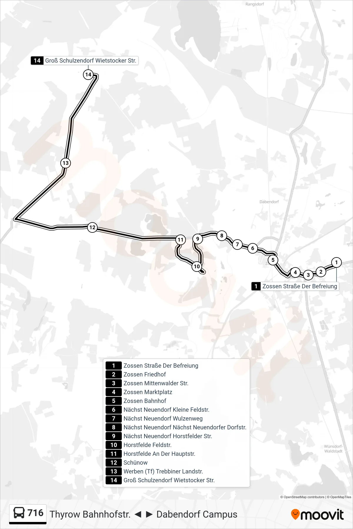 Linie 716 (Bus) Richtung Groß Schulzendorf Wietstocker Str.: Route und Haltestellen auf der Karte