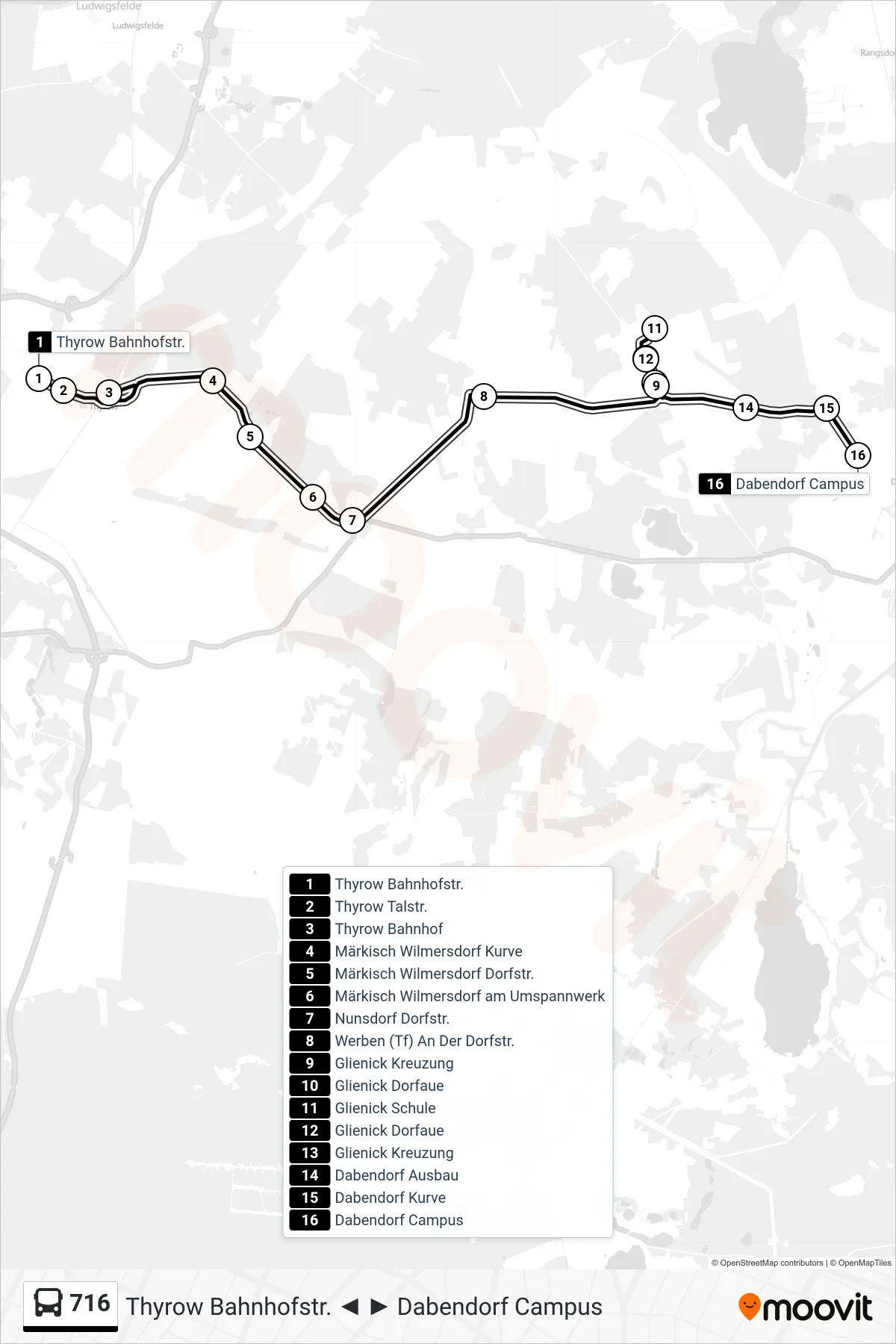 Linie 716 (Bus) Richtung Dabendorf Campus: Route und Haltestellen auf der Karte