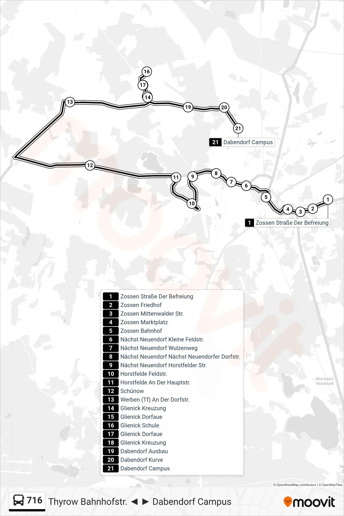 Linie 716 (Bus) Richtung Dabendorf Campus: Route und Haltestellen auf der Karte