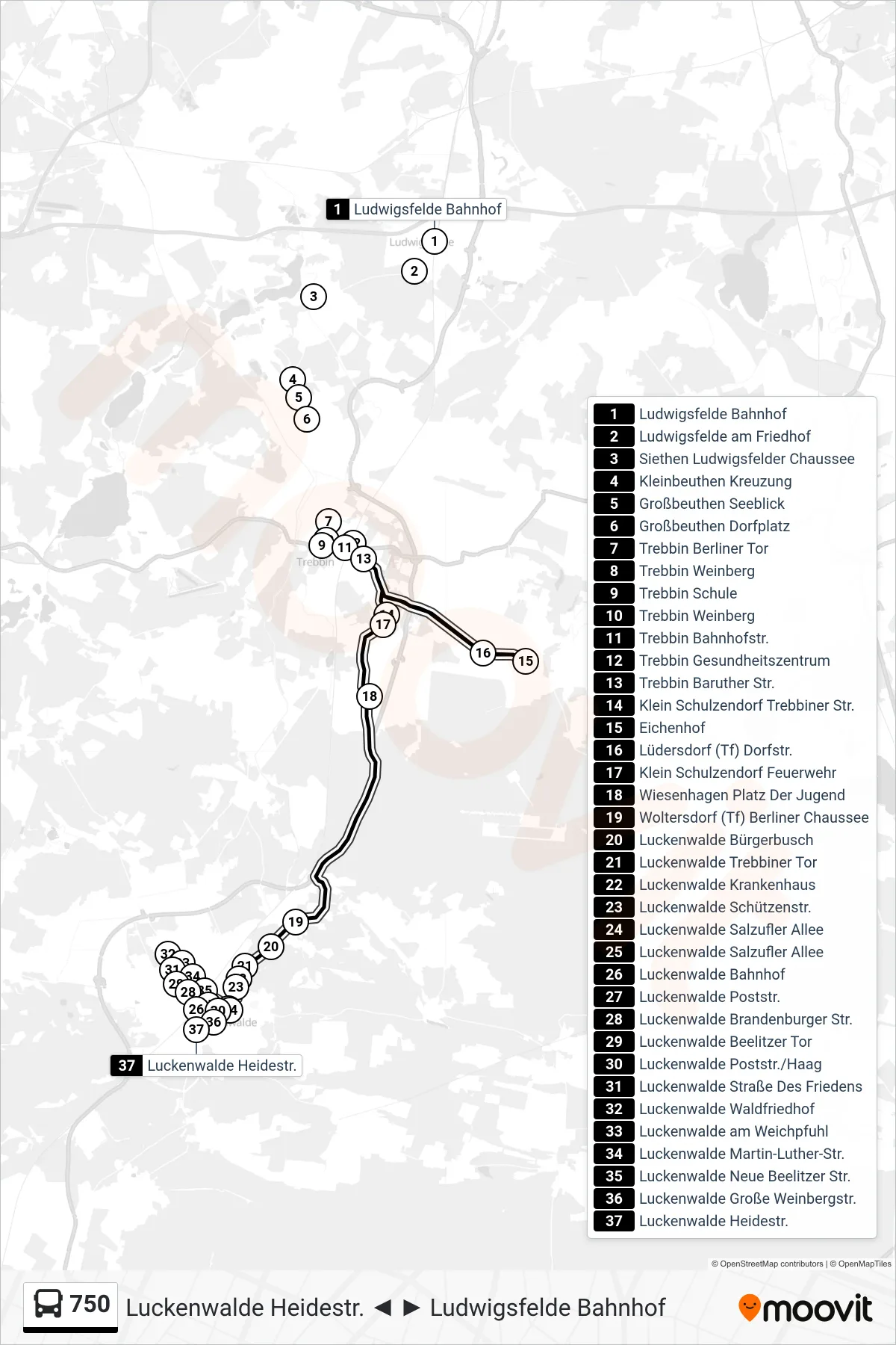 Linie 750 (Bus) Richtung Luckenwalde Heidestr.: Route und Haltestellen auf der Karte