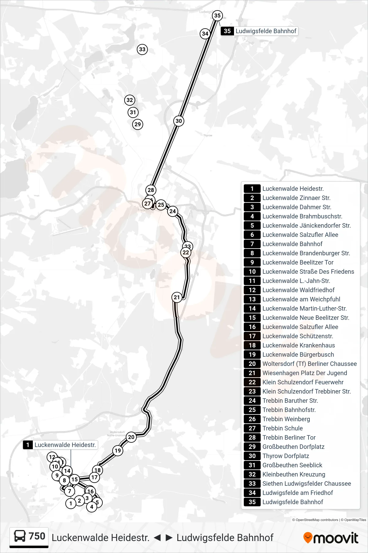 750 bus Line (Ludwigsfelde Bahnhof) route and stops on a map