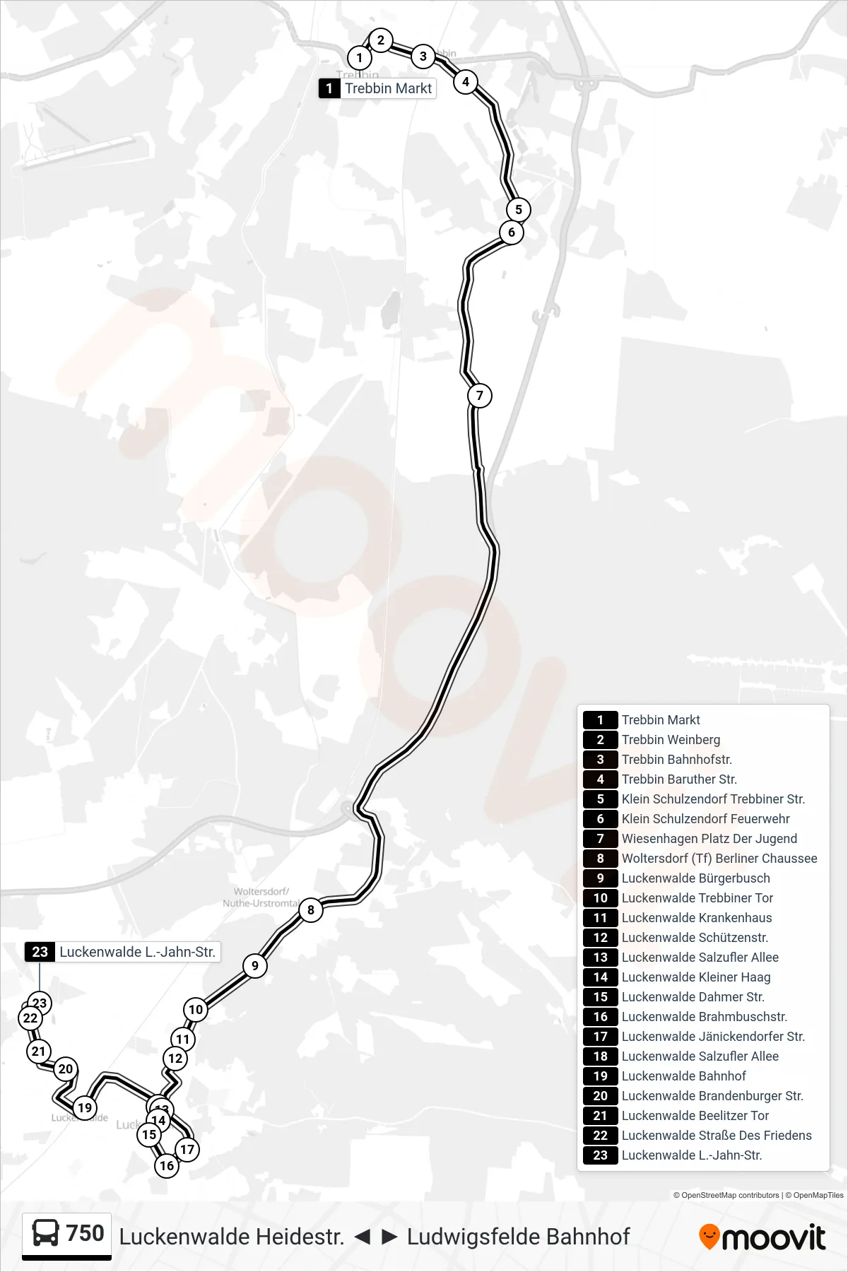 Linie 750 (Bus) Richtung Luckenwalde L.-Jahn-Str.: Route und Haltestellen auf der Karte