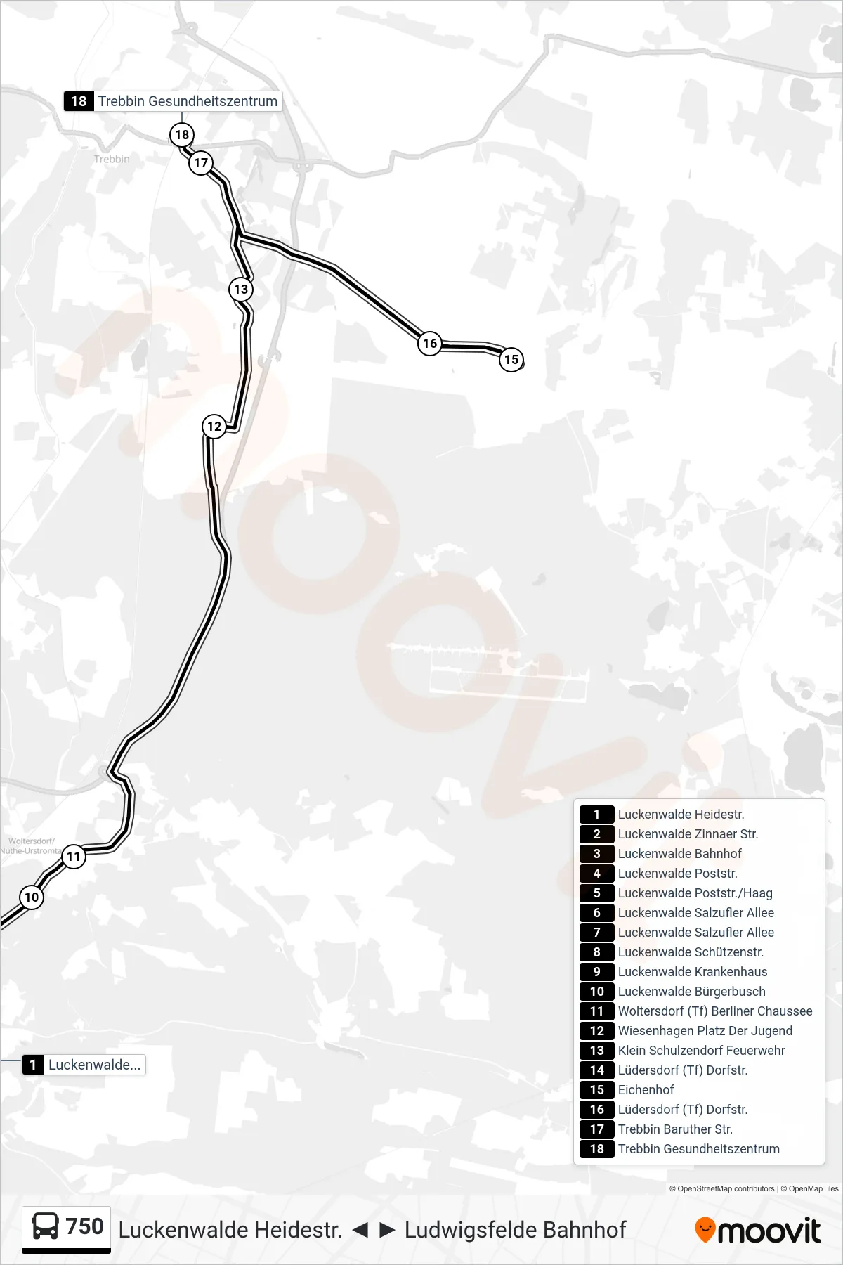 Linie 750 (Bus) Richtung Trebbin Gesundheitszentrum: Route und Haltestellen auf der Karte