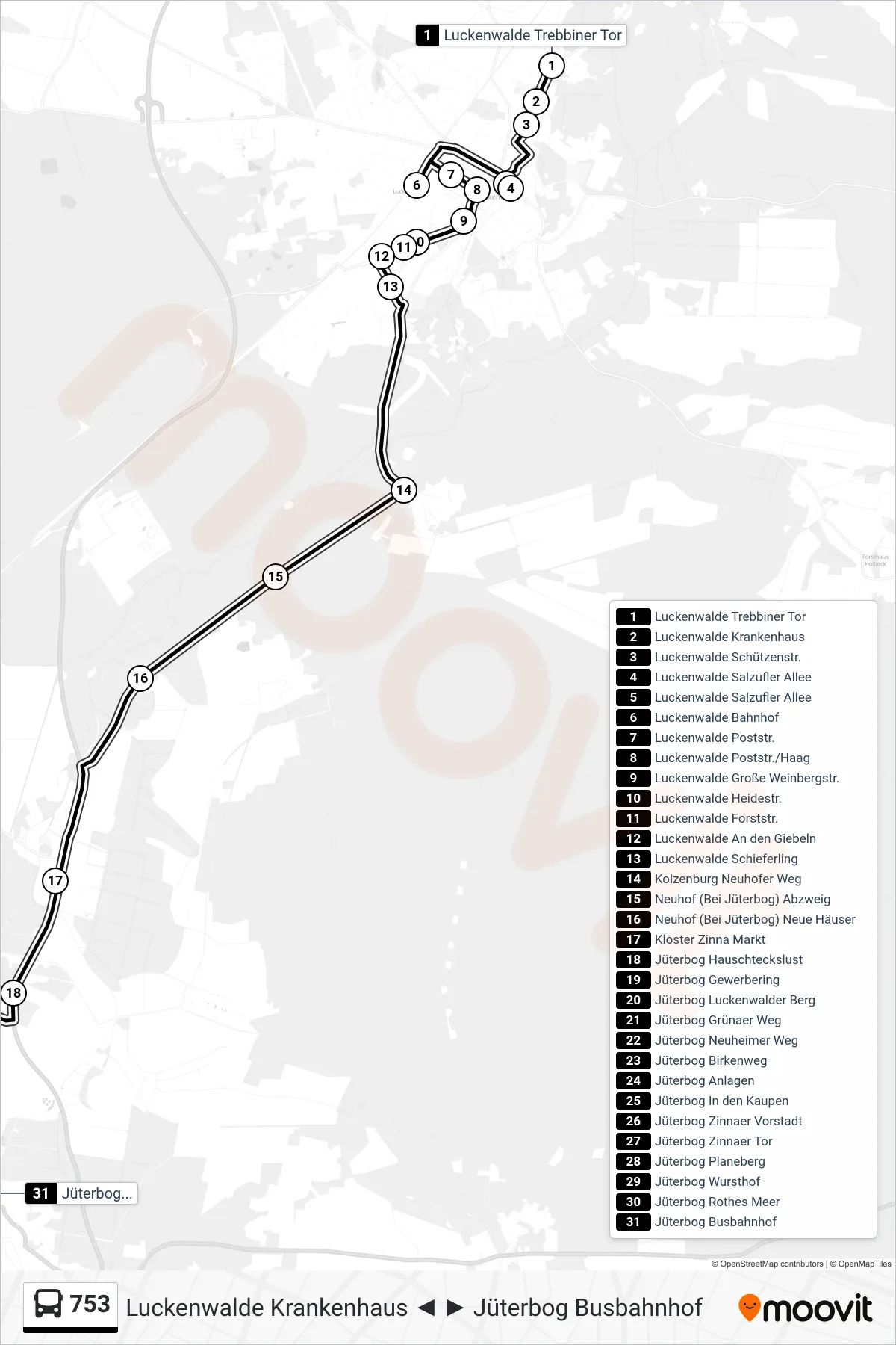 Linie 753 (Bus) Richtung Jüterbog Busbahnhof: Route und Haltestellen auf der Karte