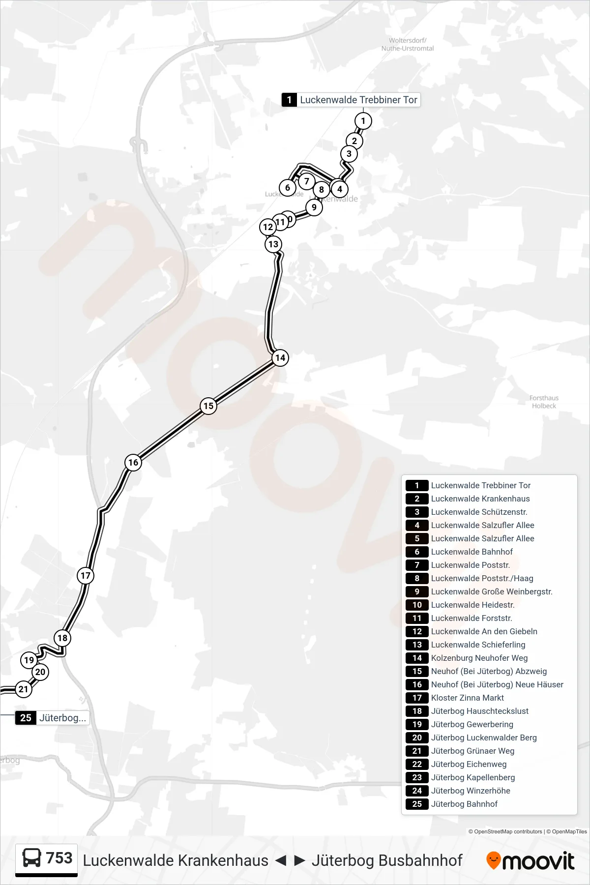Linie 753 (Bus) Richtung Jüterbog Bahnhof: Route und Haltestellen auf der Karte