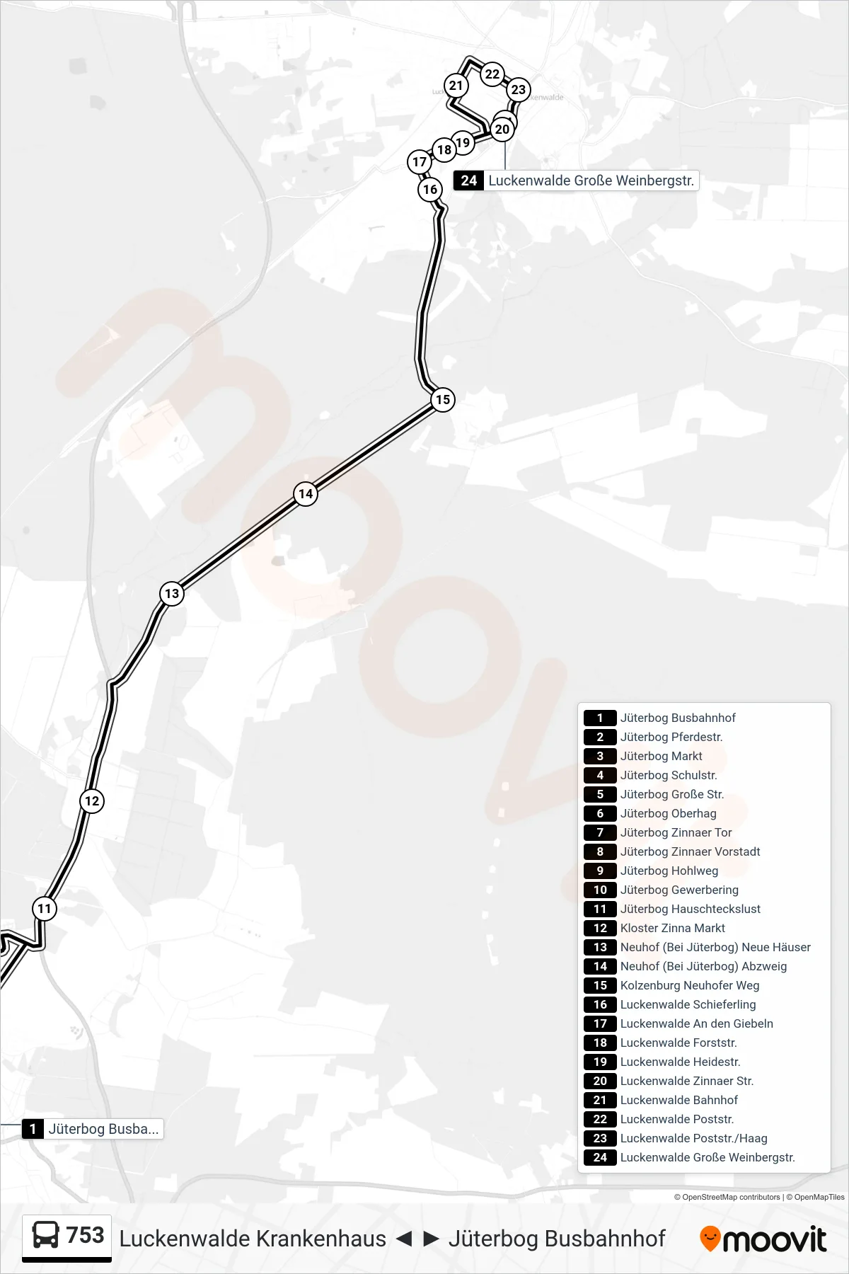 Linie 753 (Bus) Richtung Luckenwalde Große Weinbergstr.: Route und Haltestellen auf der Karte