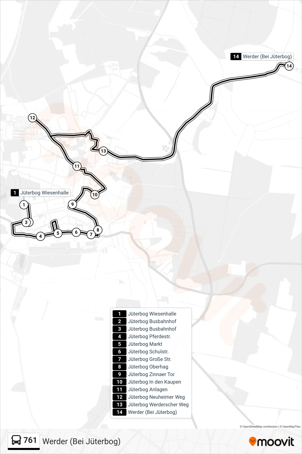 Linie 761 (Bus) Richtung Werder (Bei Jüterbog): Route und Haltestellen auf der Karte