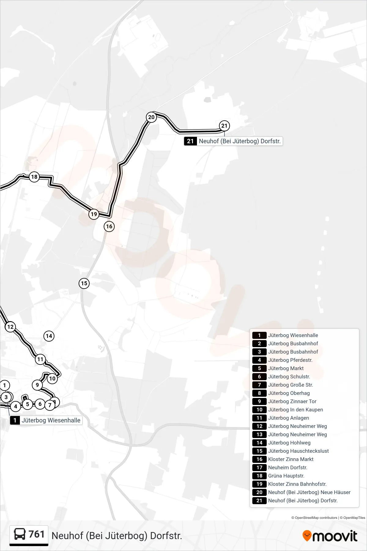 Linie 761 (Bus) Richtung Neuhof (Bei Jüterbog) Dorfstr.: Route und Haltestellen auf der Karte