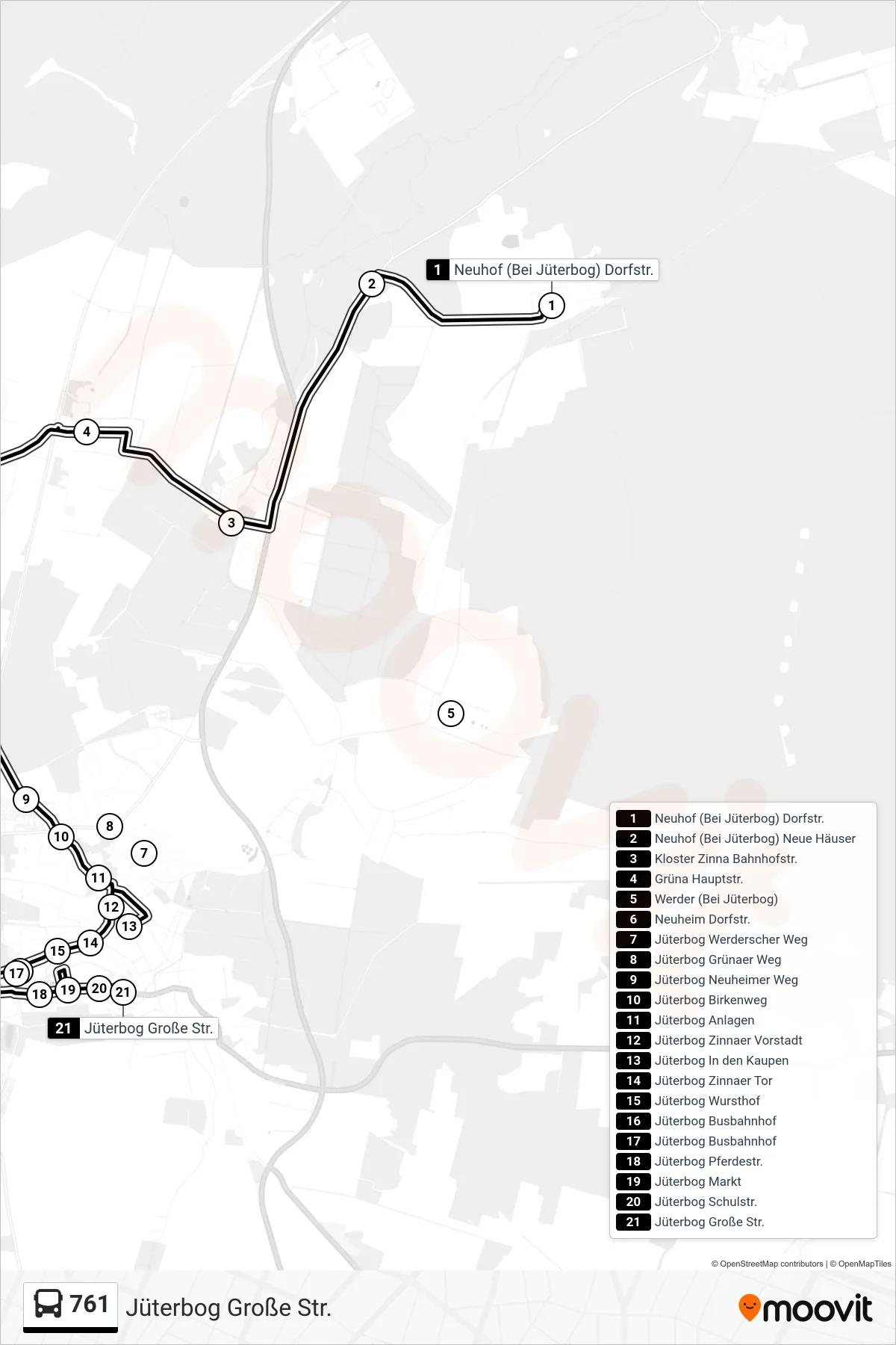 Linie 761 (Bus) Richtung Jüterbog Große Str.: Route und Haltestellen auf der Karte