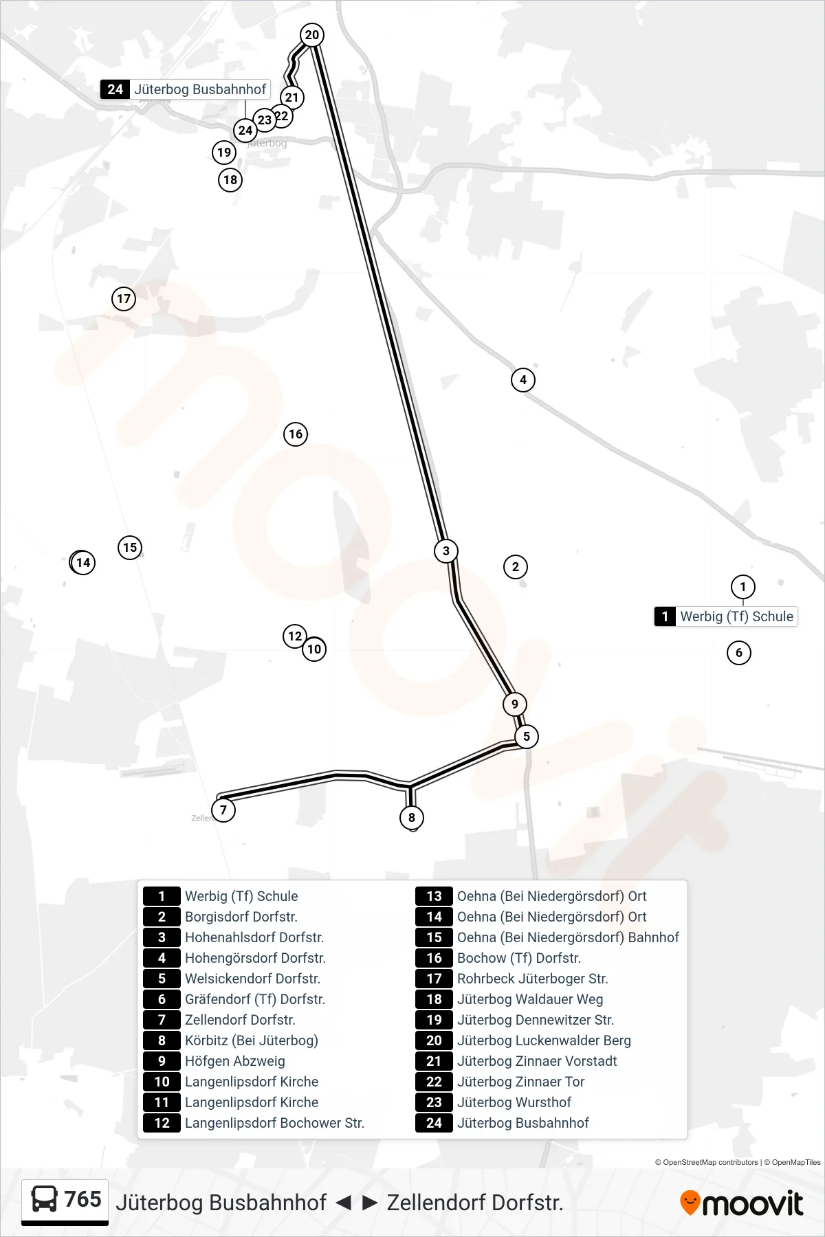 765 bus Line (Jüterbog Busbahnhof) route and stops on a map