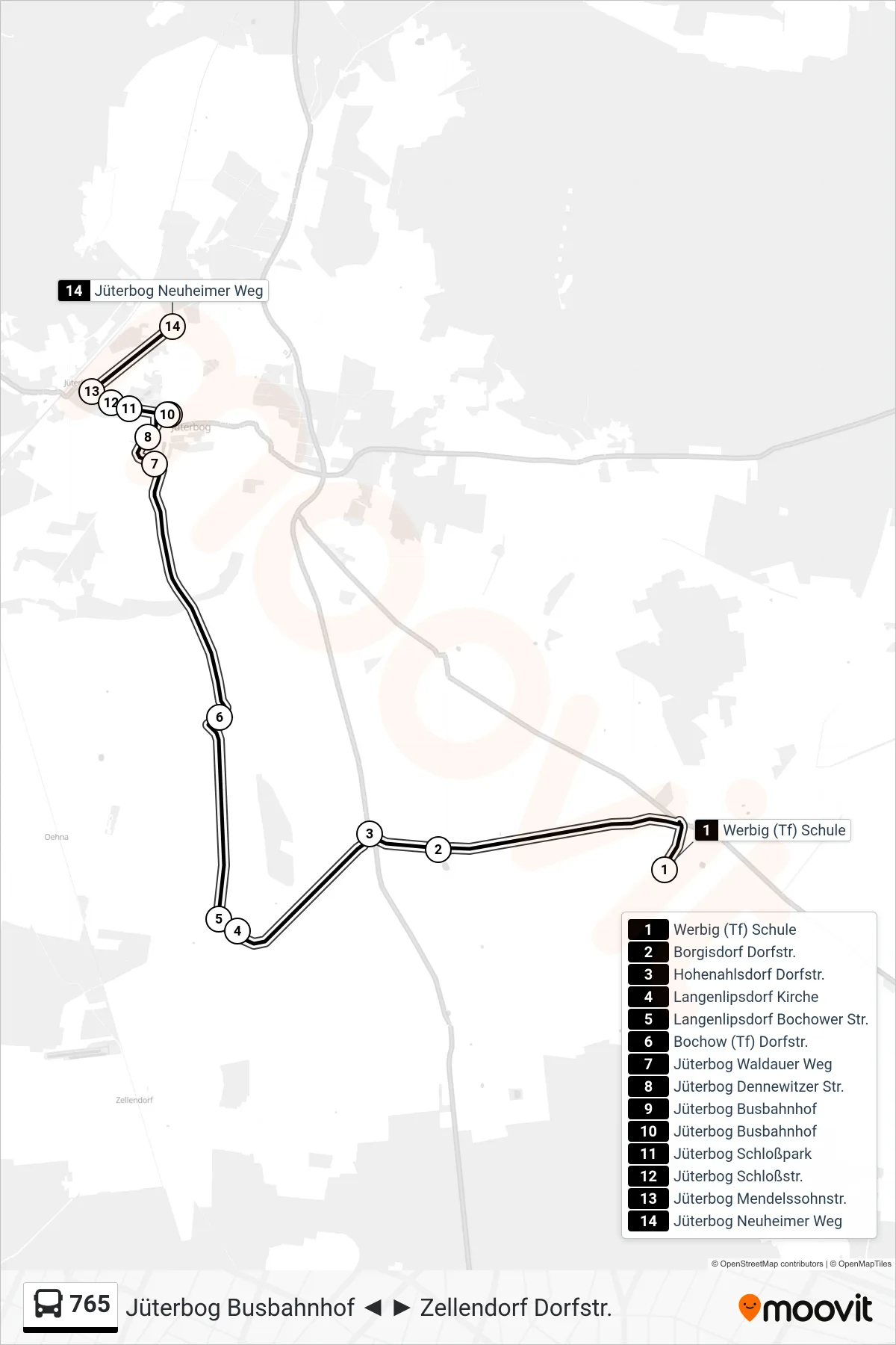 Linie 765 (Bus) Richtung Jüterbog Neuheimer Weg: Route und Haltestellen auf der Karte