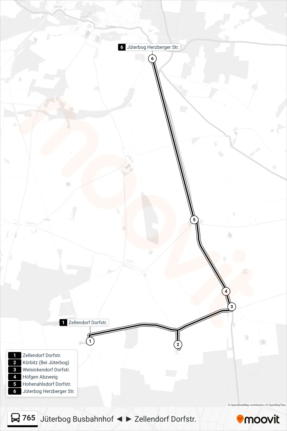 Linie 765 (Bus) Richtung Jüterbog Herzberger Str.: Route und Haltestellen auf der Karte