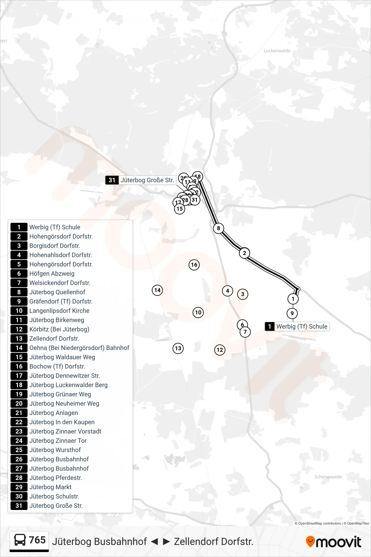 Linie 765 (Bus) Richtung Jüterbog Große Str.: Route und Haltestellen auf der Karte