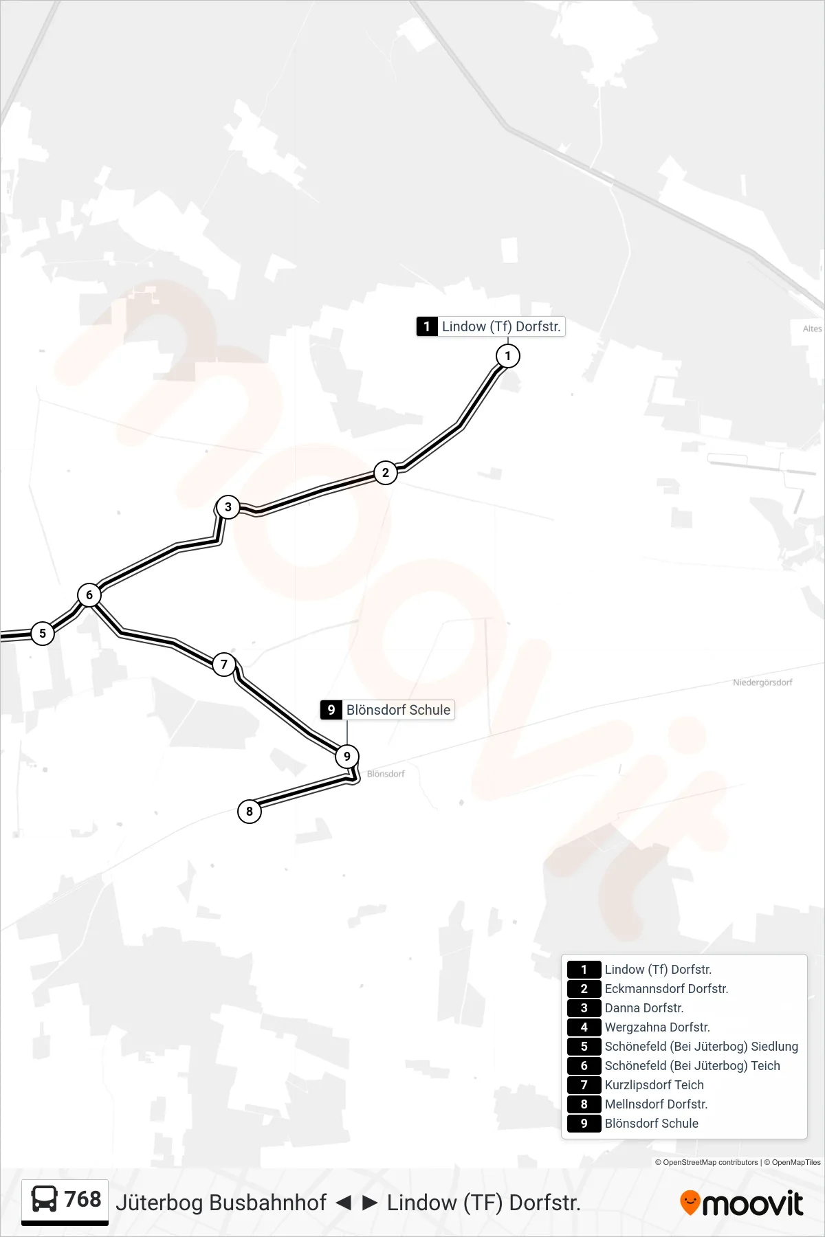 Linie 768 (Bus) Richtung Blönsdorf Schule: Route und Haltestellen auf der Karte