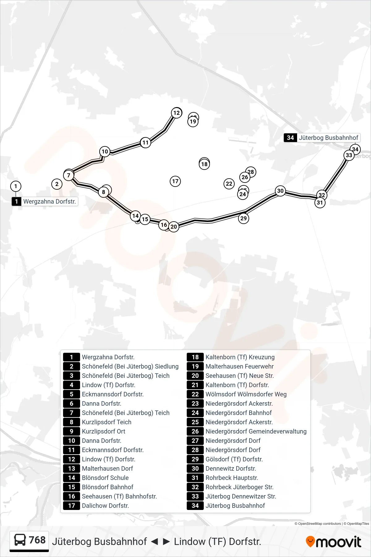 Linie 768 (Bus) Richtung Jüterbog Busbahnhof: Route und Haltestellen auf der Karte