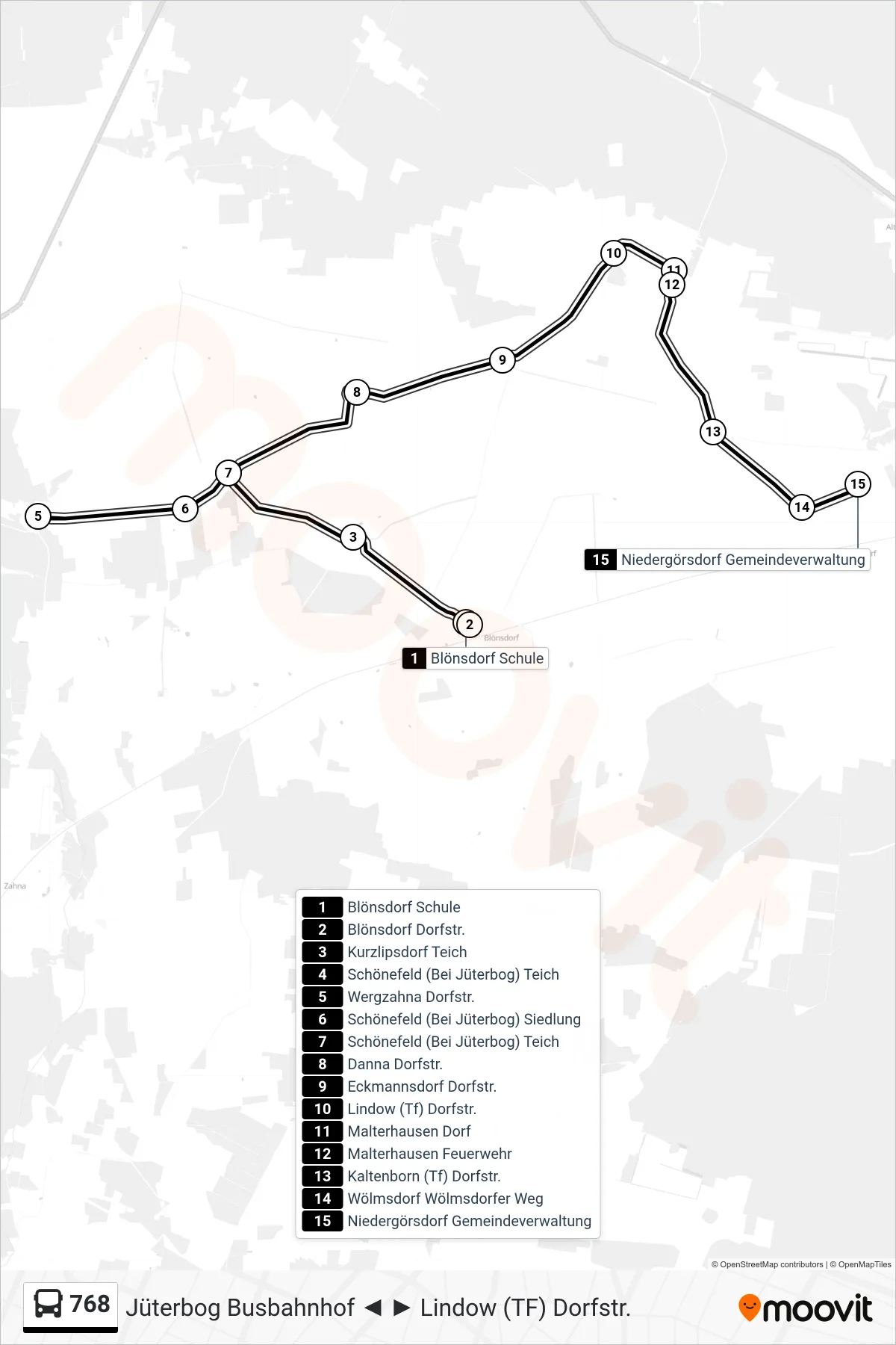 768 bus Line (Niedergörsdorf Gemeindeverwaltung) route and stops on a map