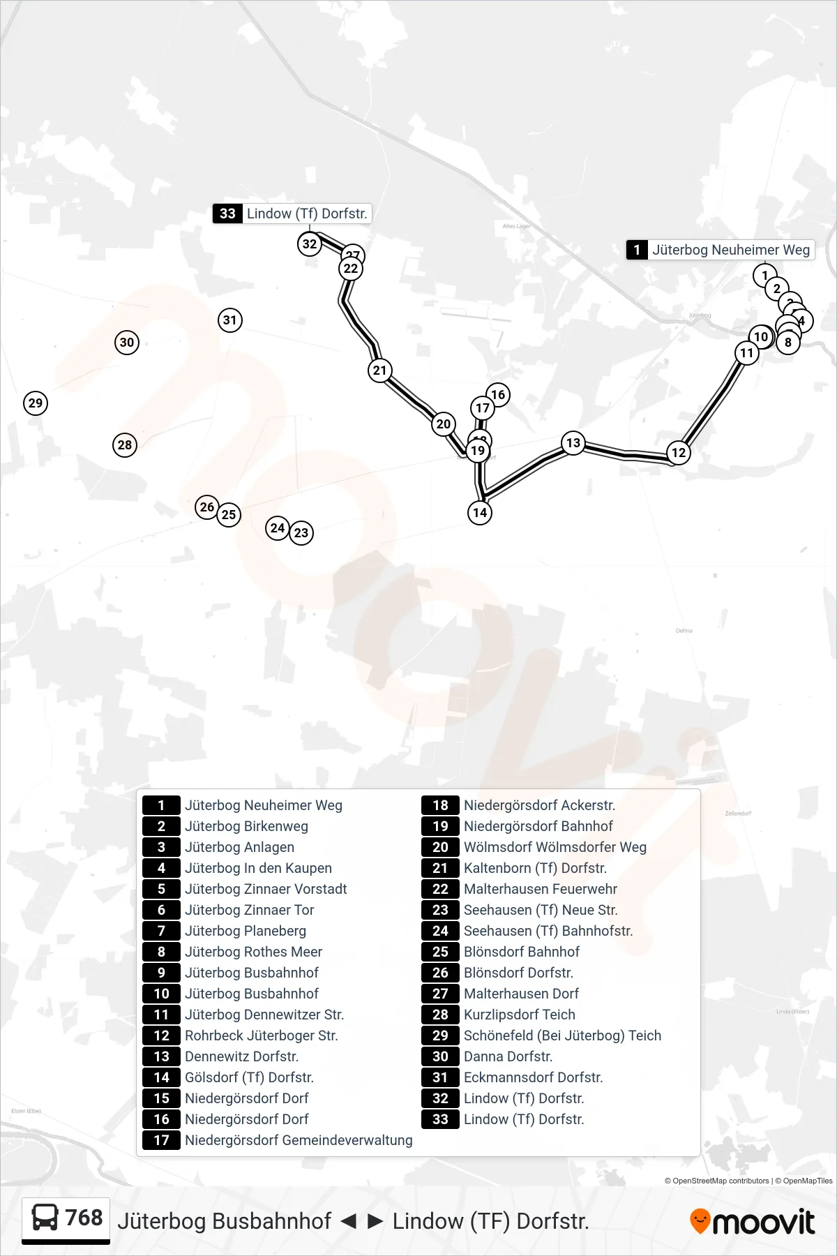 Linie 768 (Bus) Richtung Lindow (Tf) Dorfstr.: Route und Haltestellen auf der Karte