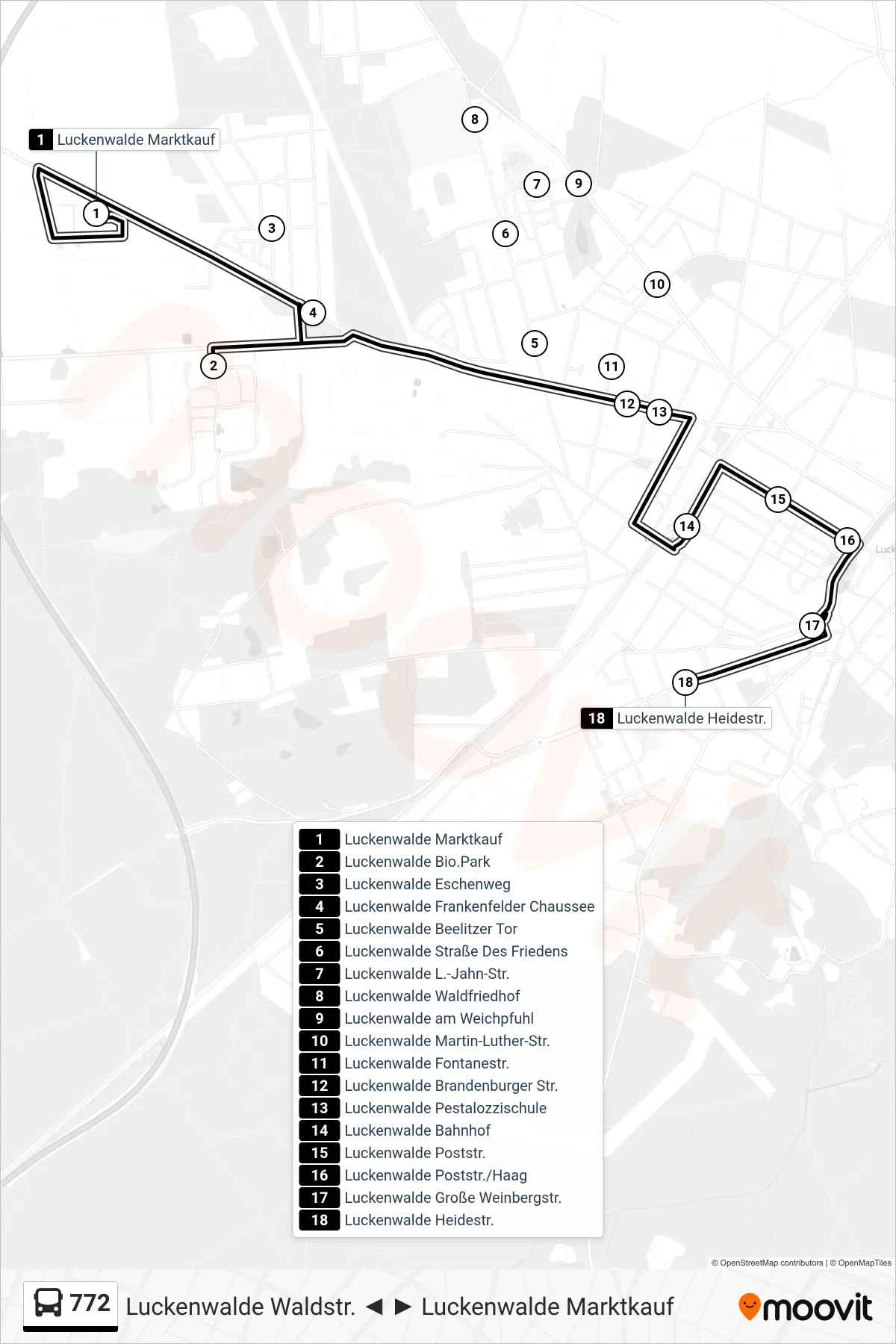 Linie 772 (Bus) Richtung Luckenwalde Heidestr.: Route und Haltestellen auf der Karte