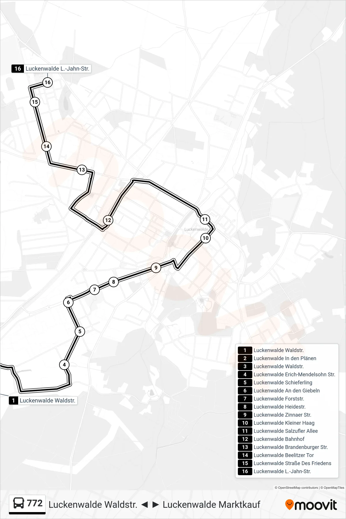 Linie 772 (Bus) Richtung Luckenwalde L.-Jahn-Str.: Route und Haltestellen auf der Karte