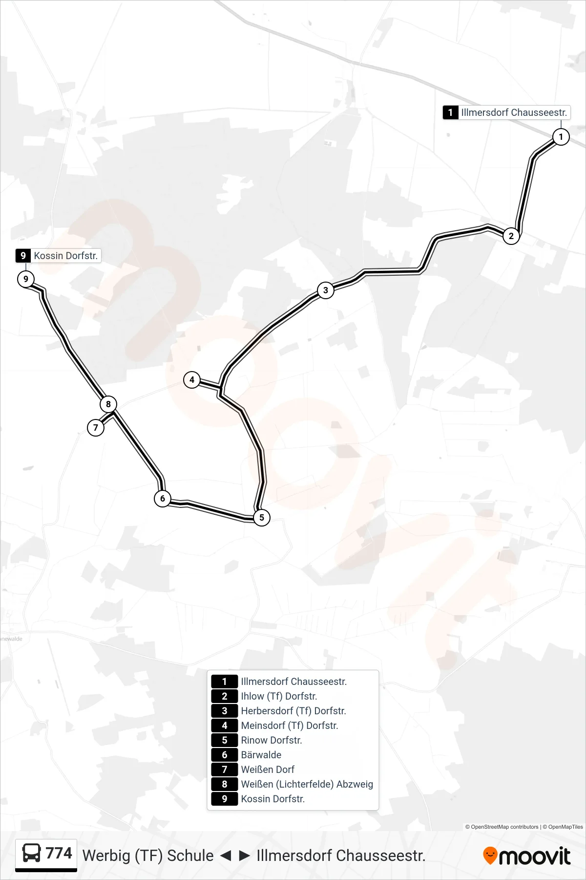 Linie 774 (Bus) Richtung Kossin Dorfstr.: Route und Haltestellen auf der Karte