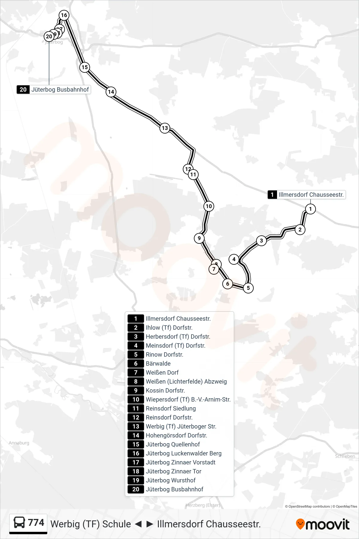 Linie 774 (Bus) Richtung Jüterbog Busbahnhof: Route und Haltestellen auf der Karte
