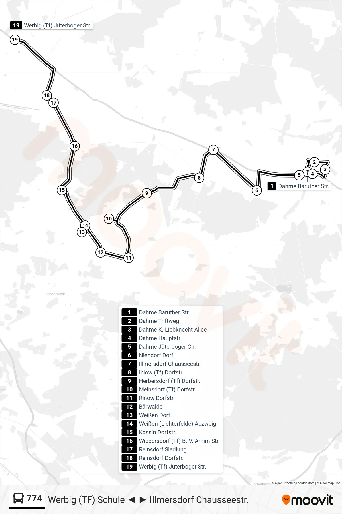 Linie 774 (Bus) Richtung Werbig (Tf) Jüterboger Str.: Route und Haltestellen auf der Karte