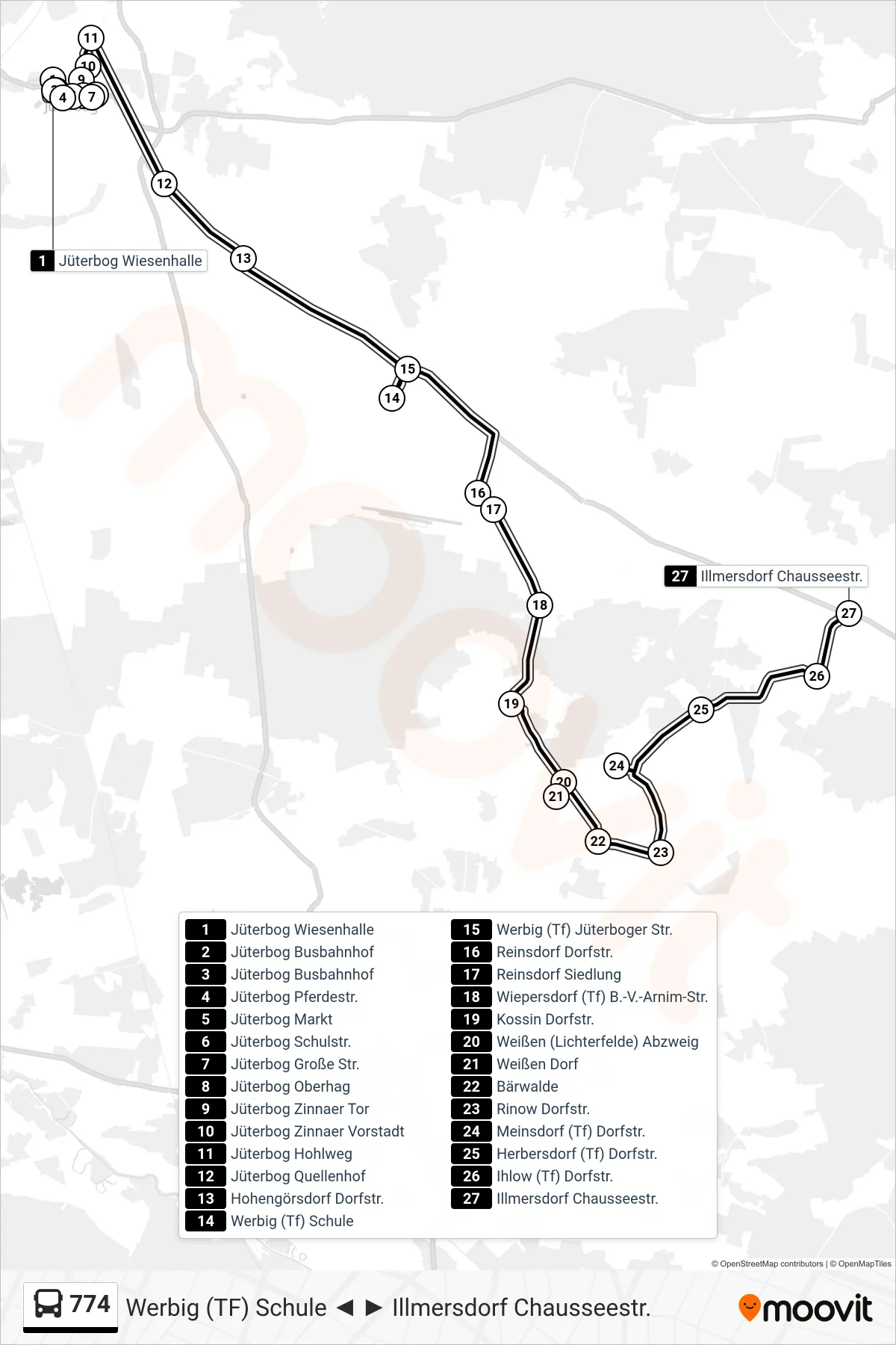774 bus Line (Illmersdorf Chausseestr.) route and stops on a map