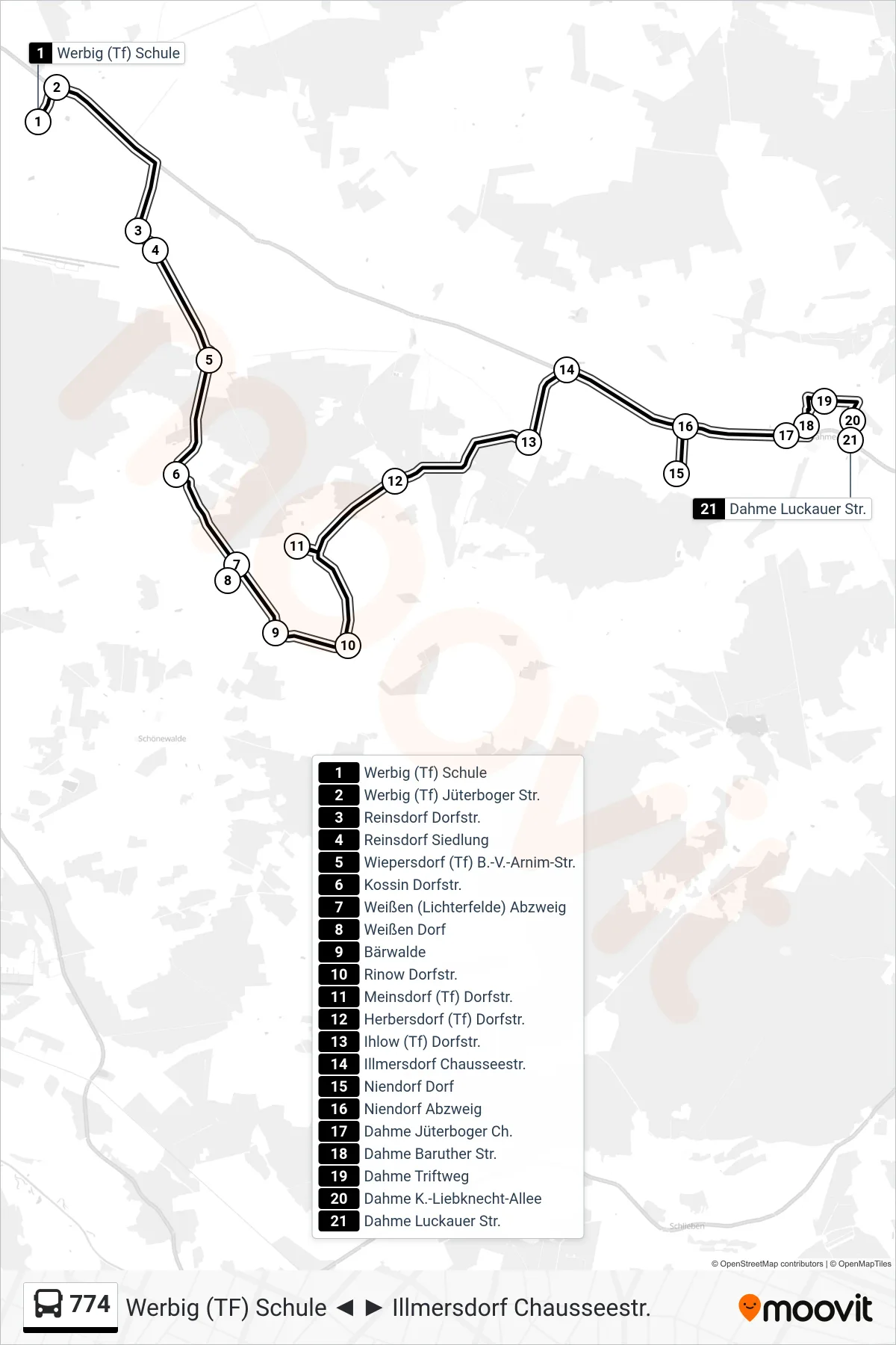 774 bus Line (Dahme Luckauer Str.) route and stops on a map