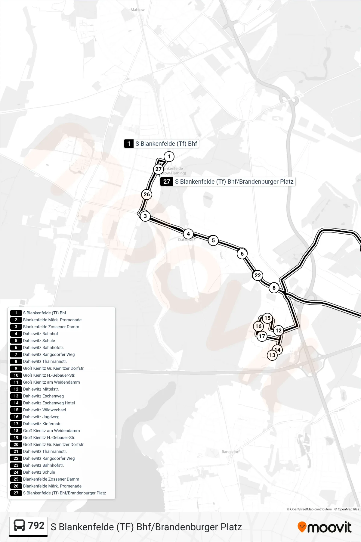 Linie 792 (Bus) Richtung S Blankenfelde (Tf) Bhf/Brandenburger Platz: Route und Haltestellen auf der Karte