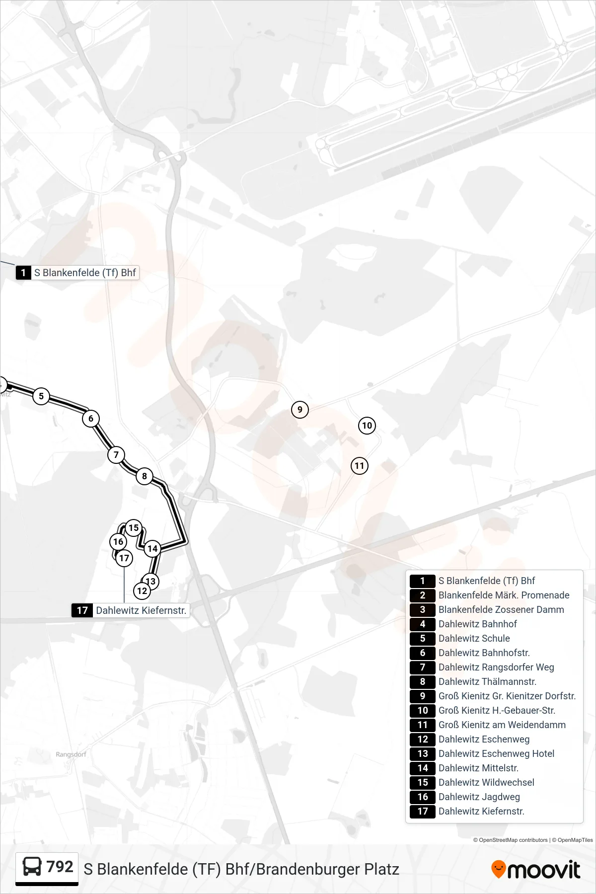 Linie 792 (Bus) Richtung Dahlewitz Kiefernstr.: Route und Haltestellen auf der Karte