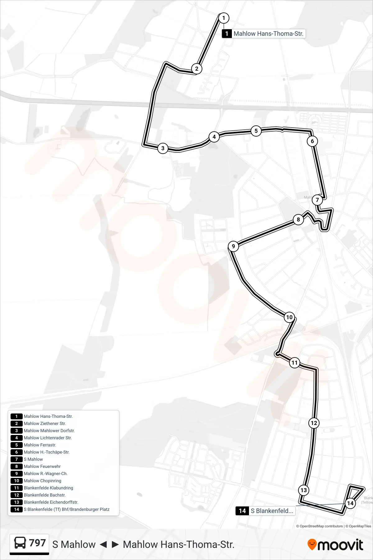 Linie 797 (Bus) Richtung S Blankenfelde (Tf) Bhf/Brandenburger Platz: Route und Haltestellen auf der Karte