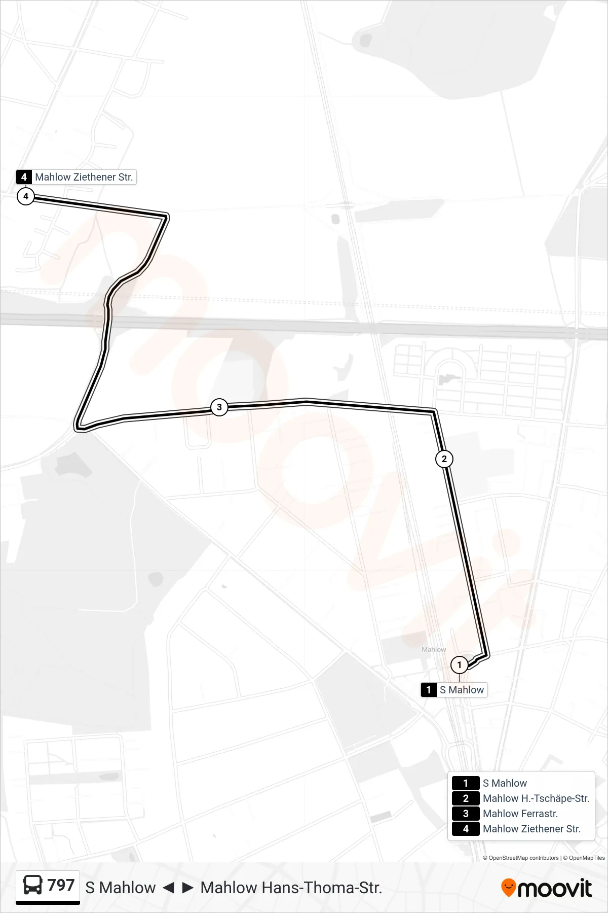 Linie 797 (Bus) Richtung Mahlow Ziethener Str.: Route und Haltestellen auf der Karte
