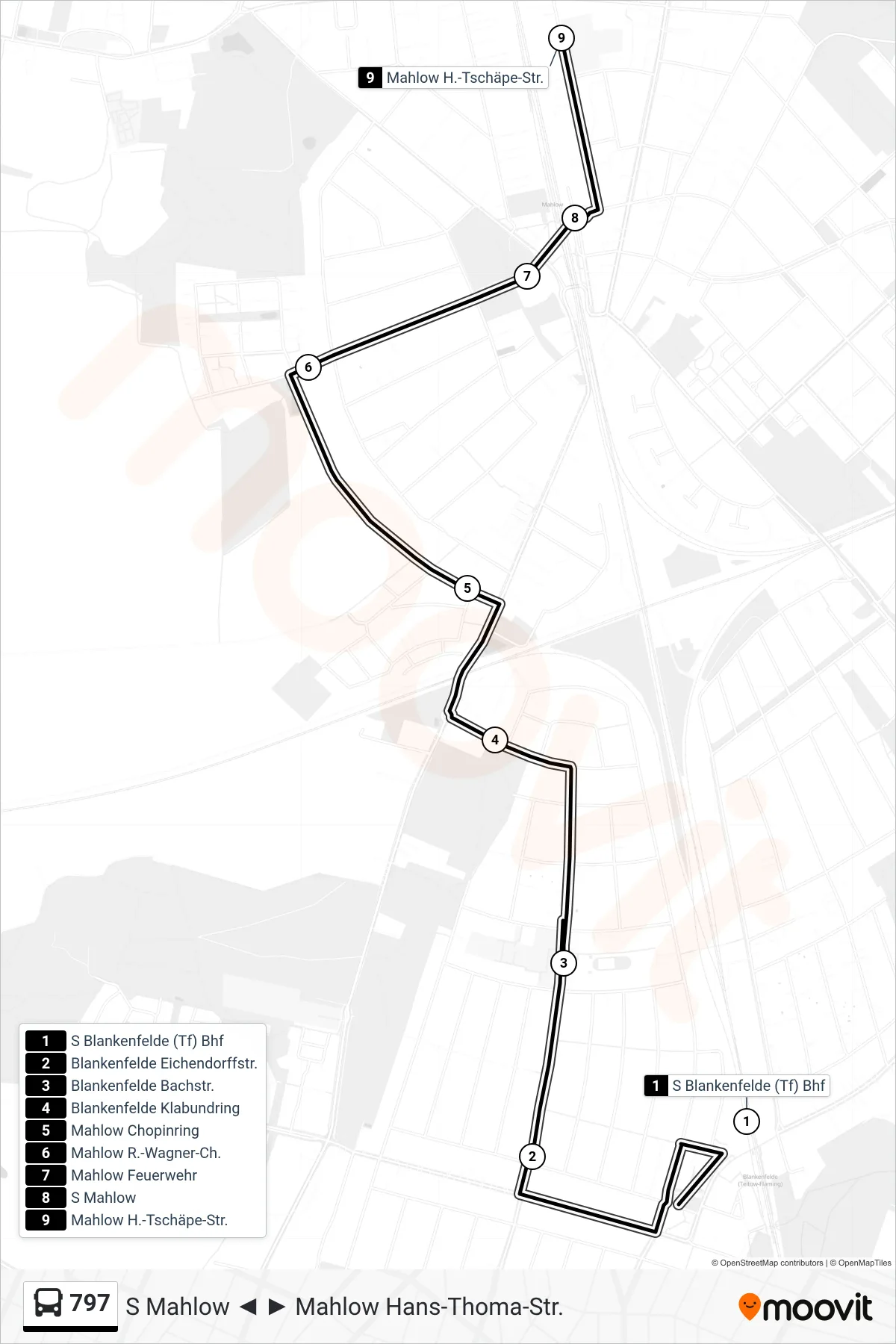 Linie 797 (Bus) Richtung Mahlow H.-Tschäpe-Str.: Route und Haltestellen auf der Karte