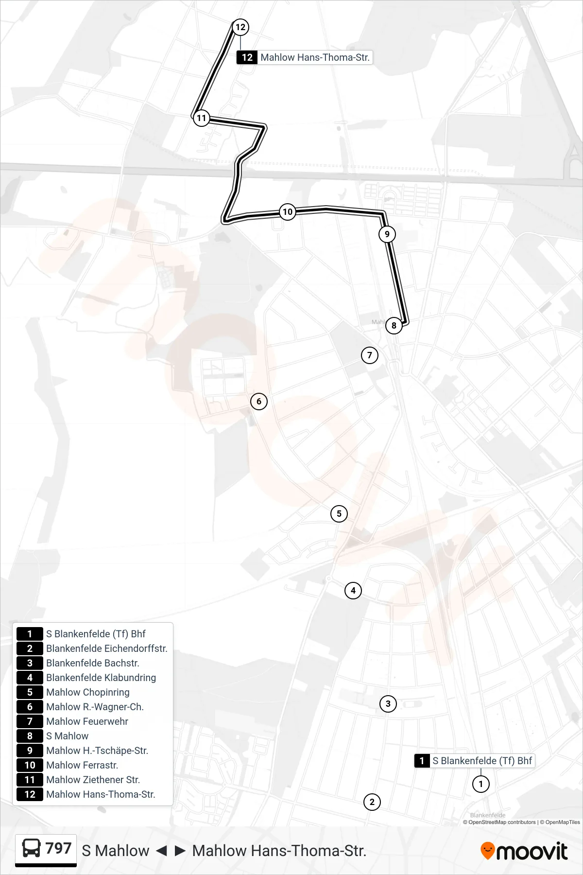 Linie 797 (Bus) Richtung Mahlow Hans-Thoma-Str.: Route und Haltestellen auf der Karte