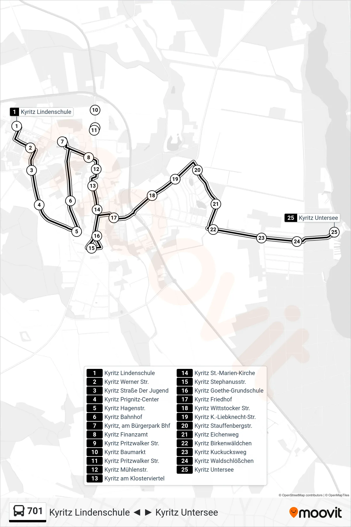 Linie 701 (Bus) Richtung Kyritz Untersee: Route und Haltestellen auf der Karte