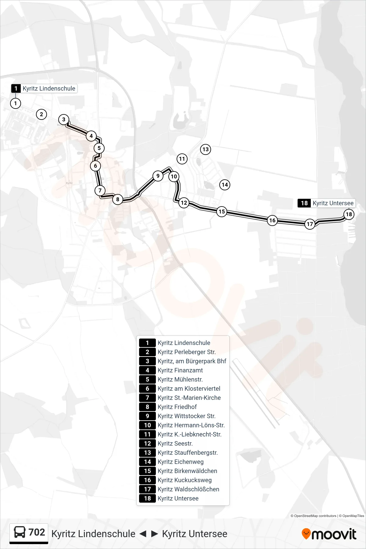 Linie 702 (Bus) Richtung Kyritz Untersee: Route und Haltestellen auf der Karte