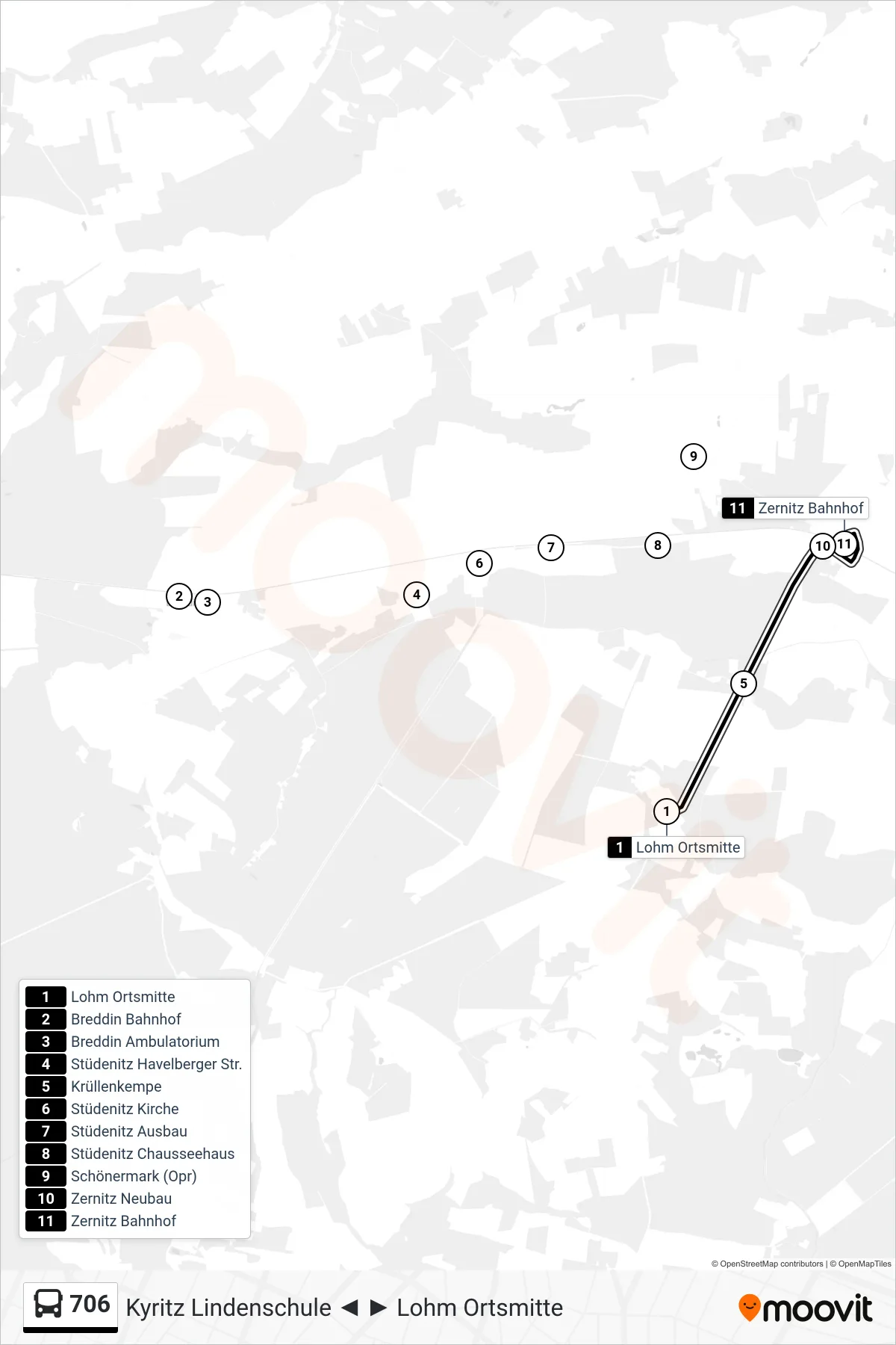 Linie 706 (Bus) Richtung Zernitz Bahnhof: Route und Haltestellen auf der Karte