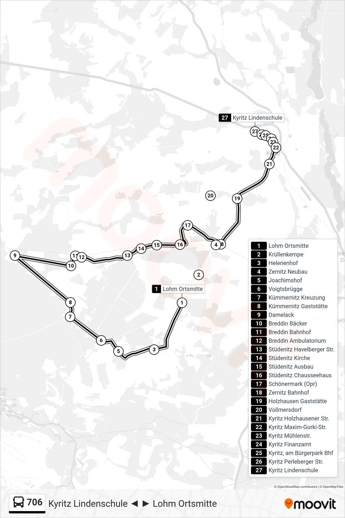 706 bus Line (Kyritz Lindenschule) route and stops on a map