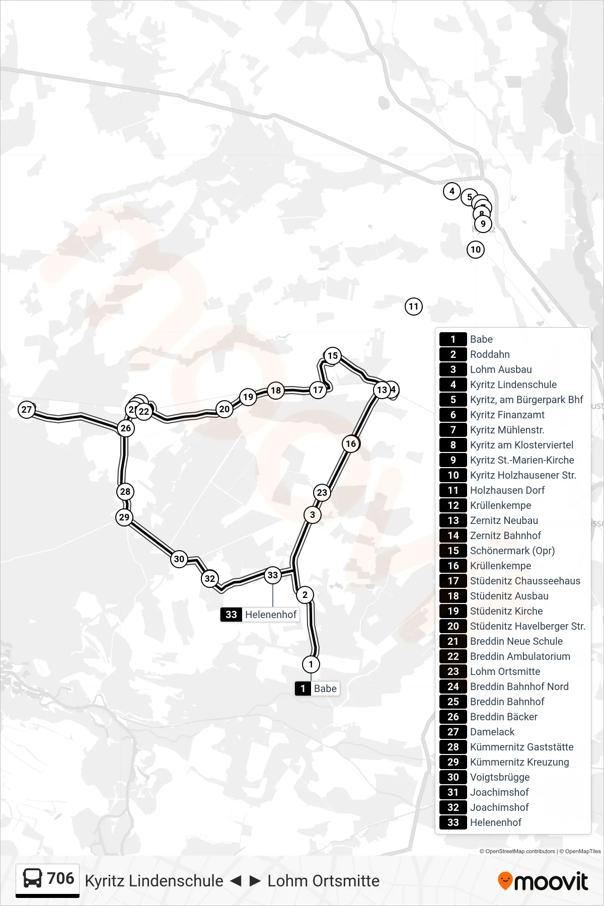 706 bus Line (Lohm Ortsmitte) route and stops on a map