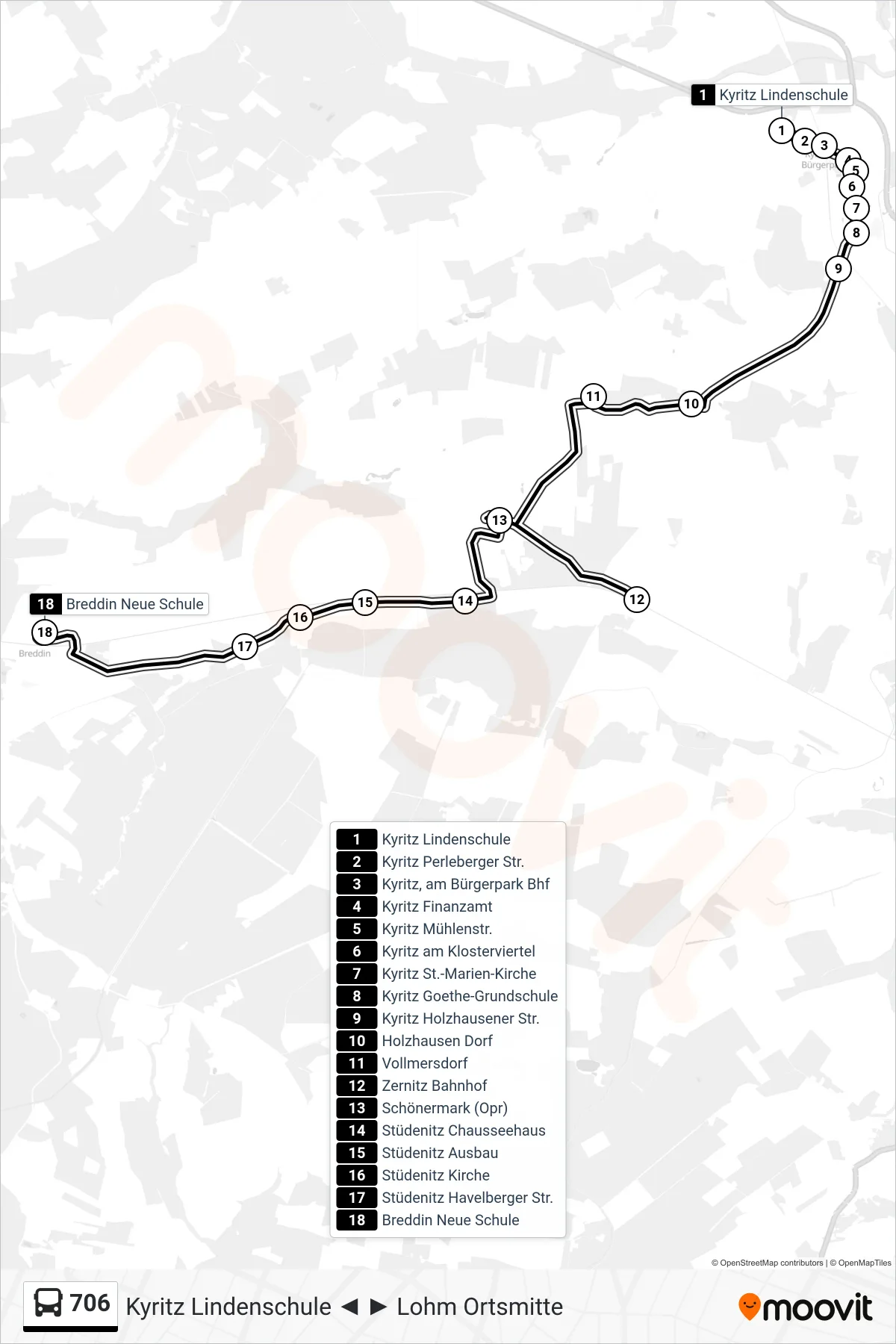 706 bus Line (Breddin Neue Schule) route and stops on a map