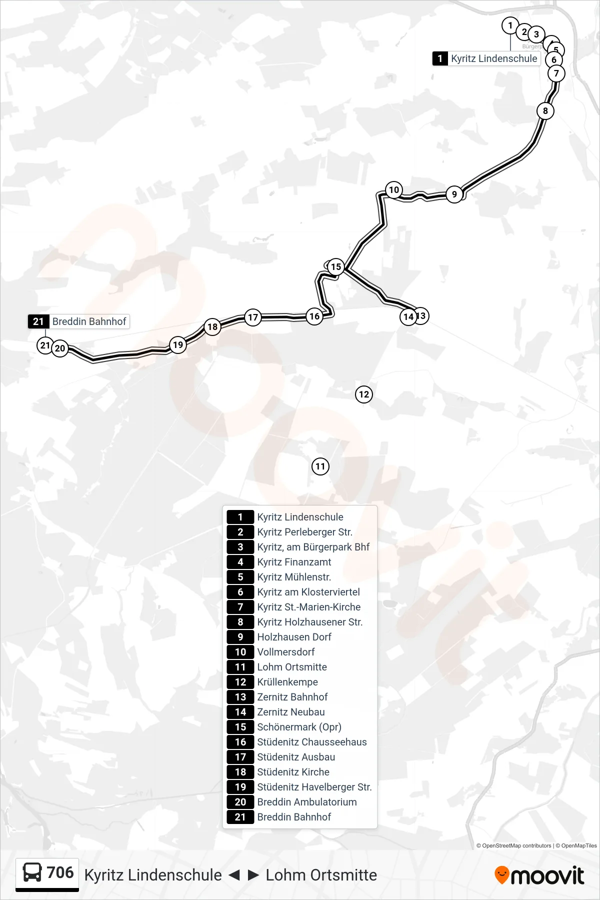 706 bus Line (Breddin Bahnhof) route and stops on a map