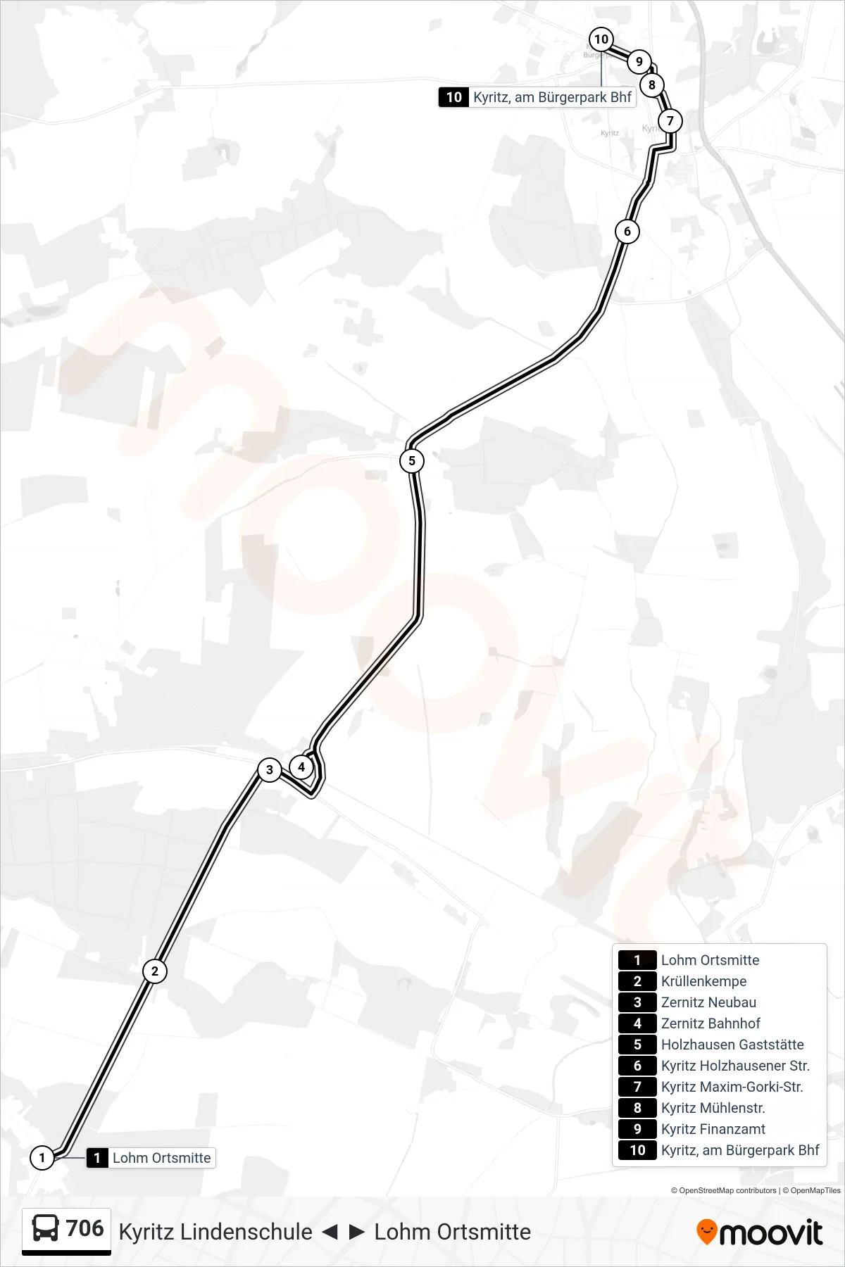 Linie 706 (Bus) Richtung Kyritz am Bürgerpark Bhf: Route und Haltestellen auf der Karte
