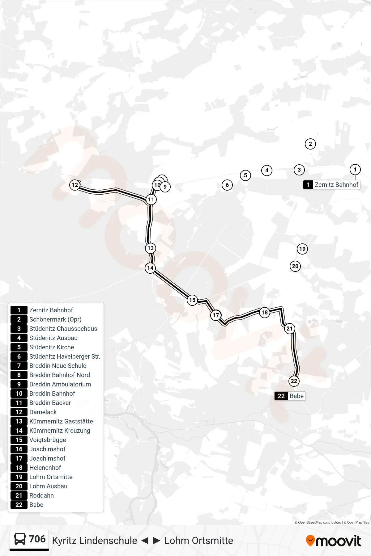 706 bus Line (Babe) route and stops on a map