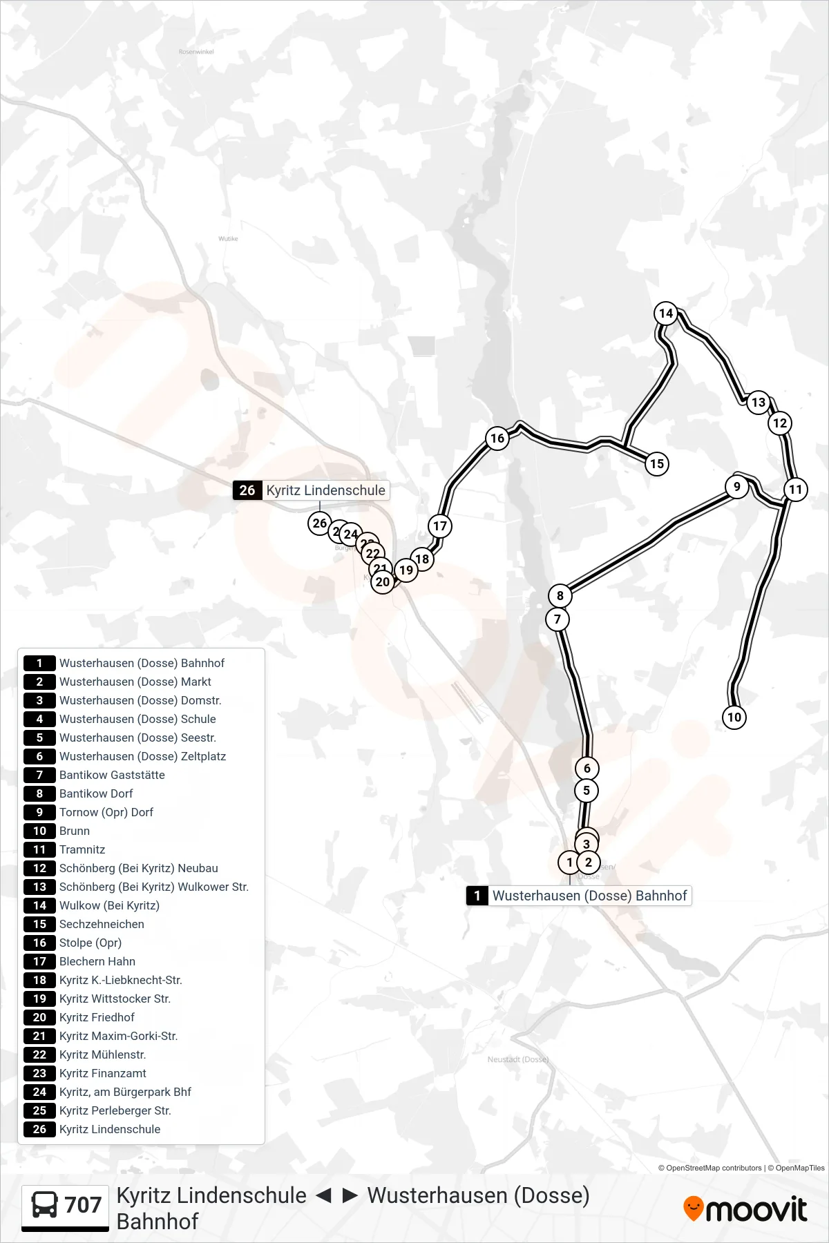 707 bus Line (Kyritz Lindenschule) route and stops on a map
