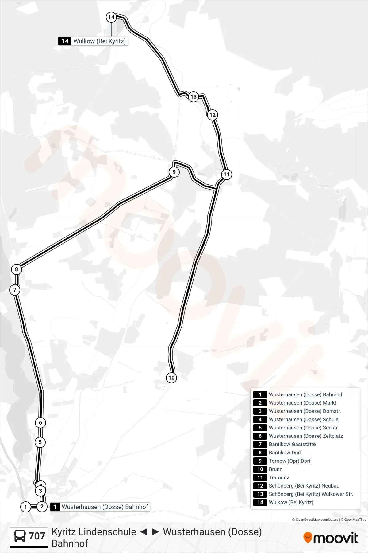 Linie 707 (Bus) Richtung Wulkow (Bei Kyritz): Route und Haltestellen auf der Karte