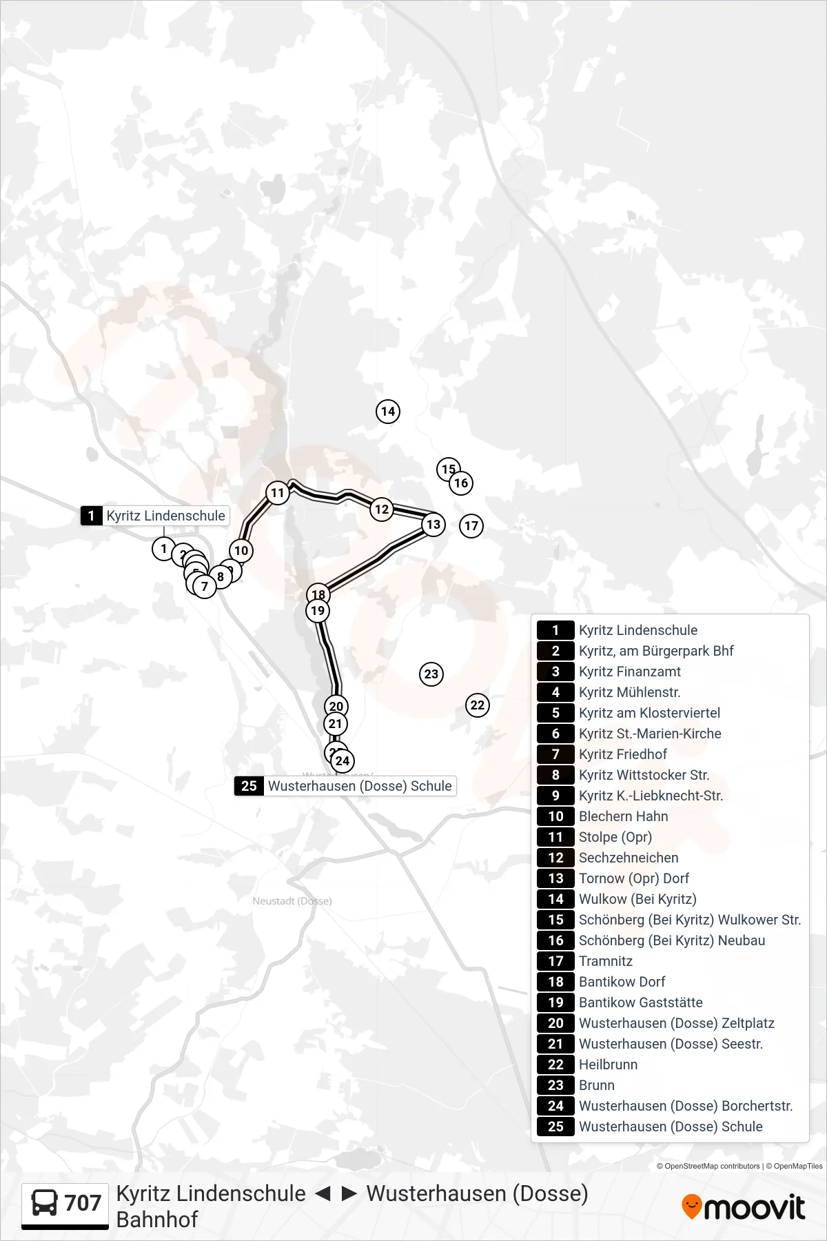 Linie 707 (Bus) Richtung Wusterhausen (Dosse) Schule: Route und Haltestellen auf der Karte